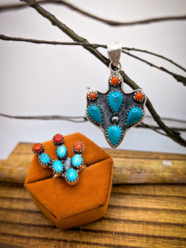 Artisan Made Kingman Turquoise and Coral Cactus Ring & Pendant Set