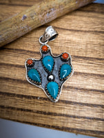 Artisan Made Kingman Turquoise and Coral Cactus Ring & Pendant Set
