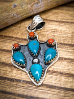 Artisan Made Kingman Turquoise and Coral Cactus Ring & Pendant Set