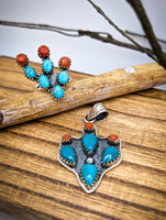 Artisan Made Kingman Turquoise and Coral Cactus Ring & Pendant Set