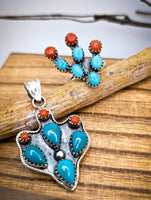 Artisan Made Kingman Turquoise and Coral Cactus Ring & Pendant Set