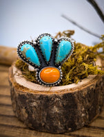 Beautiful Artisan Made Sterling Silver Kingman Turquoise & Spiny Oyster size 5.75