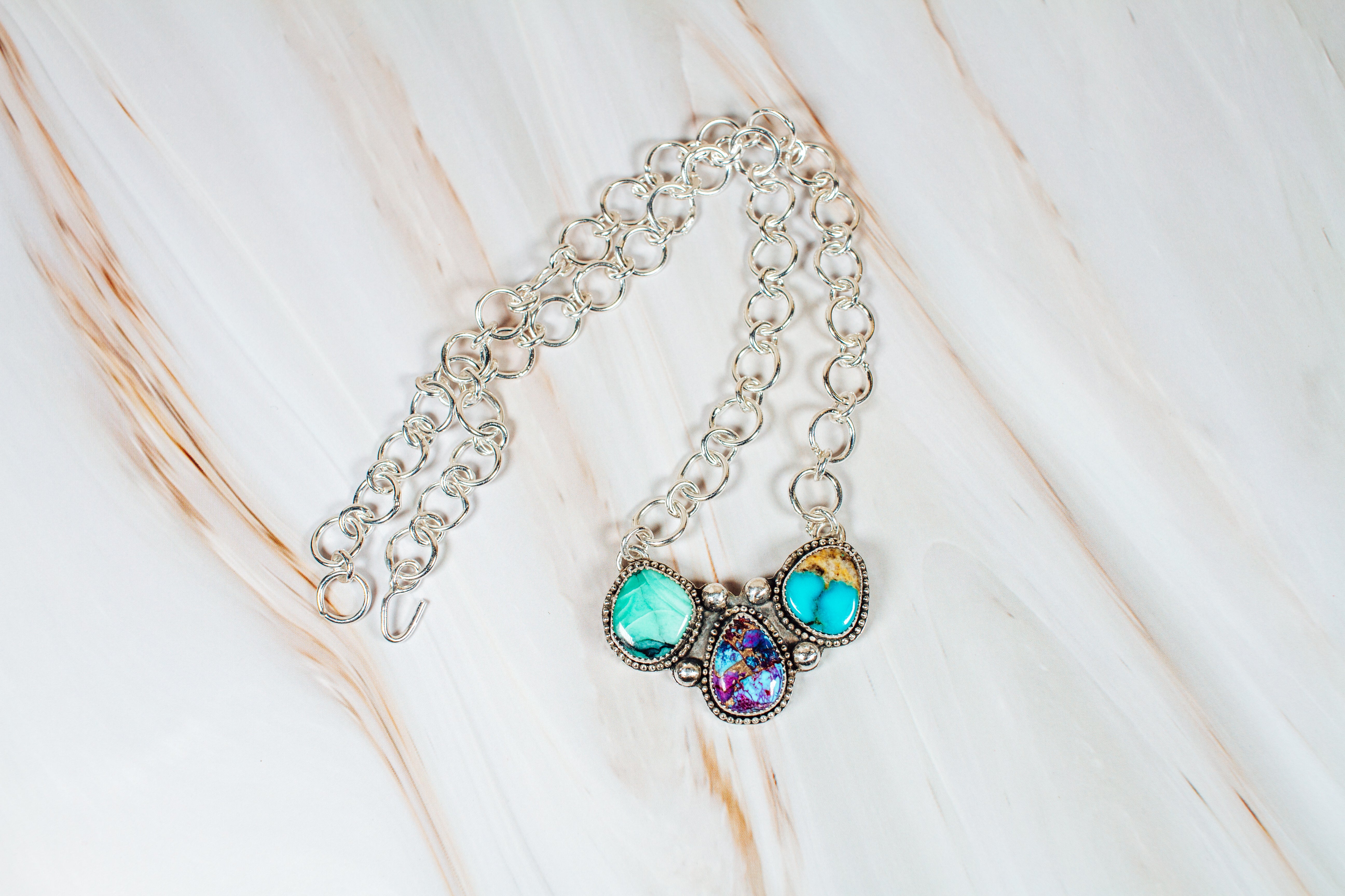 Handmade Variscite, Purple Dahlia, & Royston Turquoise Sterling Silver Necklace