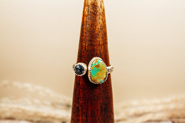 Handmade Bypass - Adjustable Royston Turquoise with White Buffalo Sterling Silver Ring