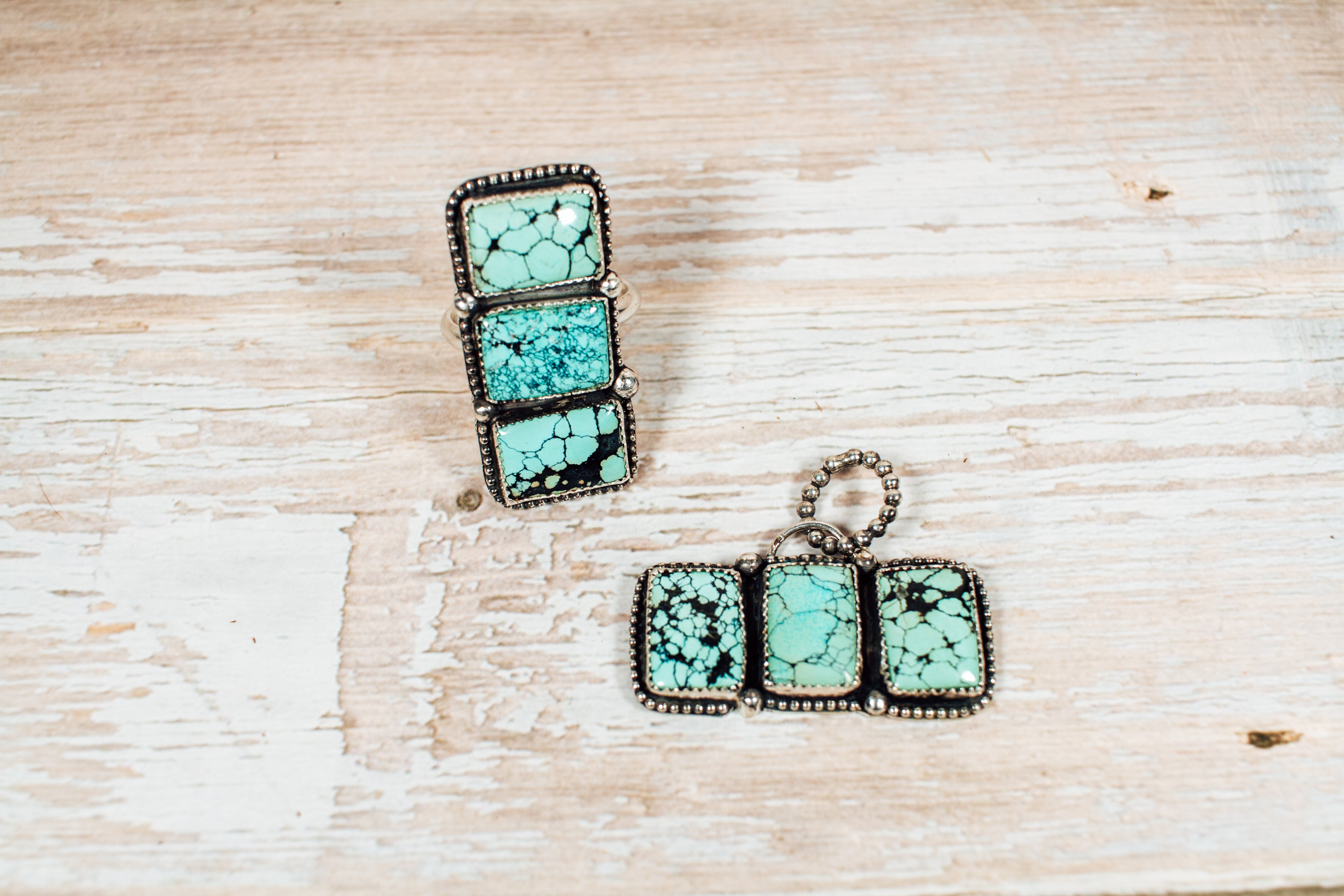 Handmade Sterling Silver Morenci Turquoise Pendant and Adjustable Ring Set