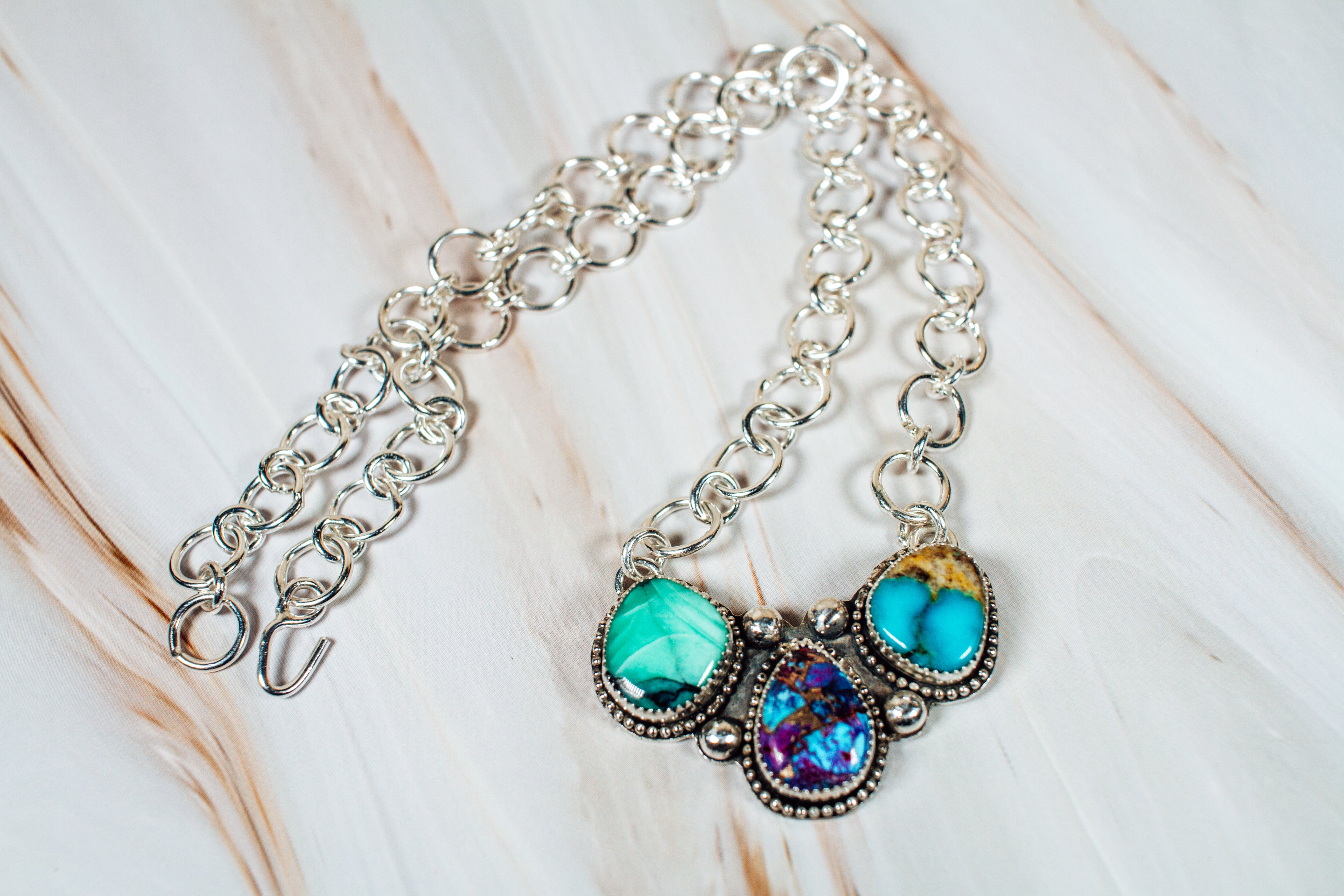 Handmade Variscite, Purple Dahlia, & Royston Turquoise Sterling Silver Necklace