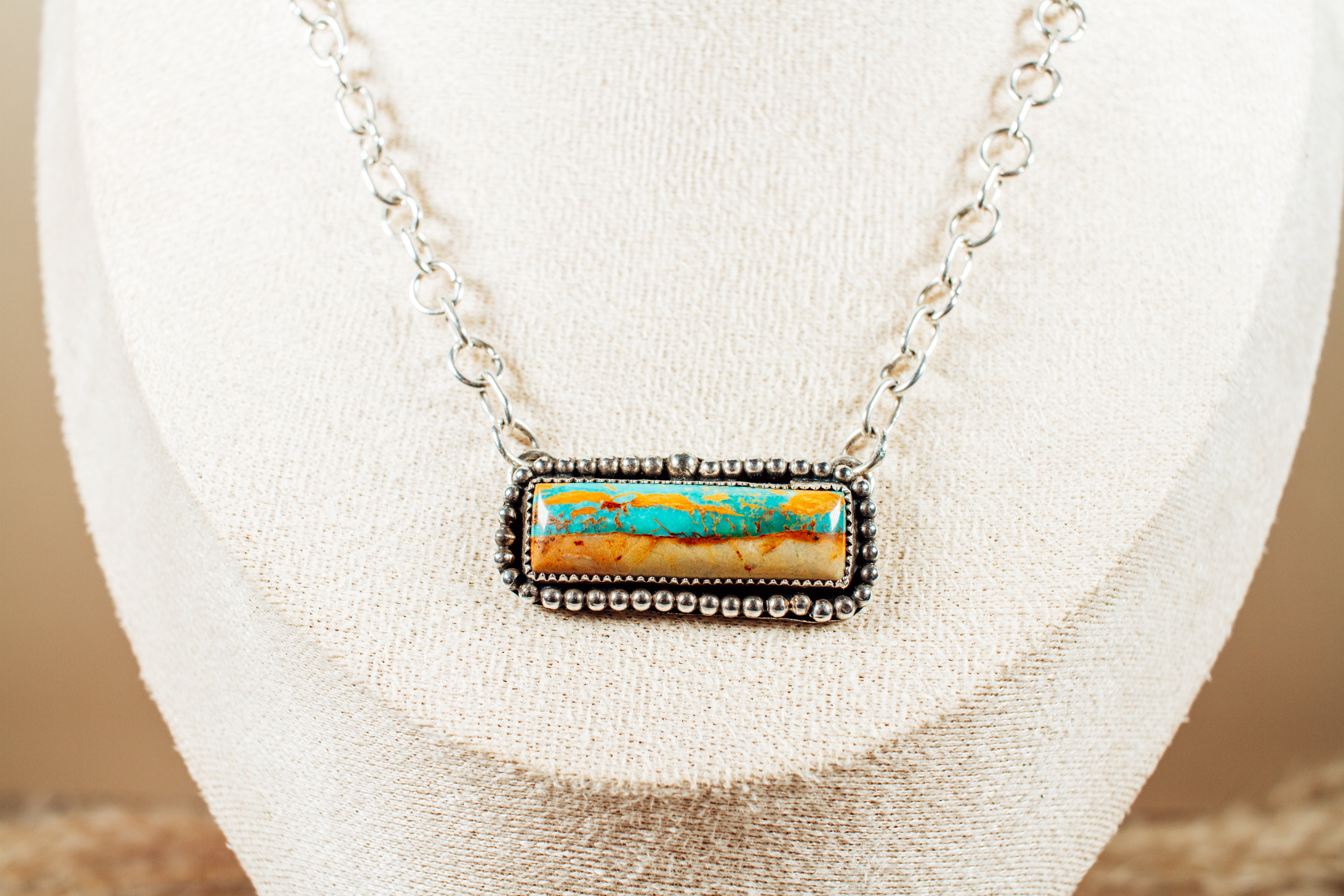 Handmade Ribbon Royston Turquoise Sterling Silver Bar Necklace