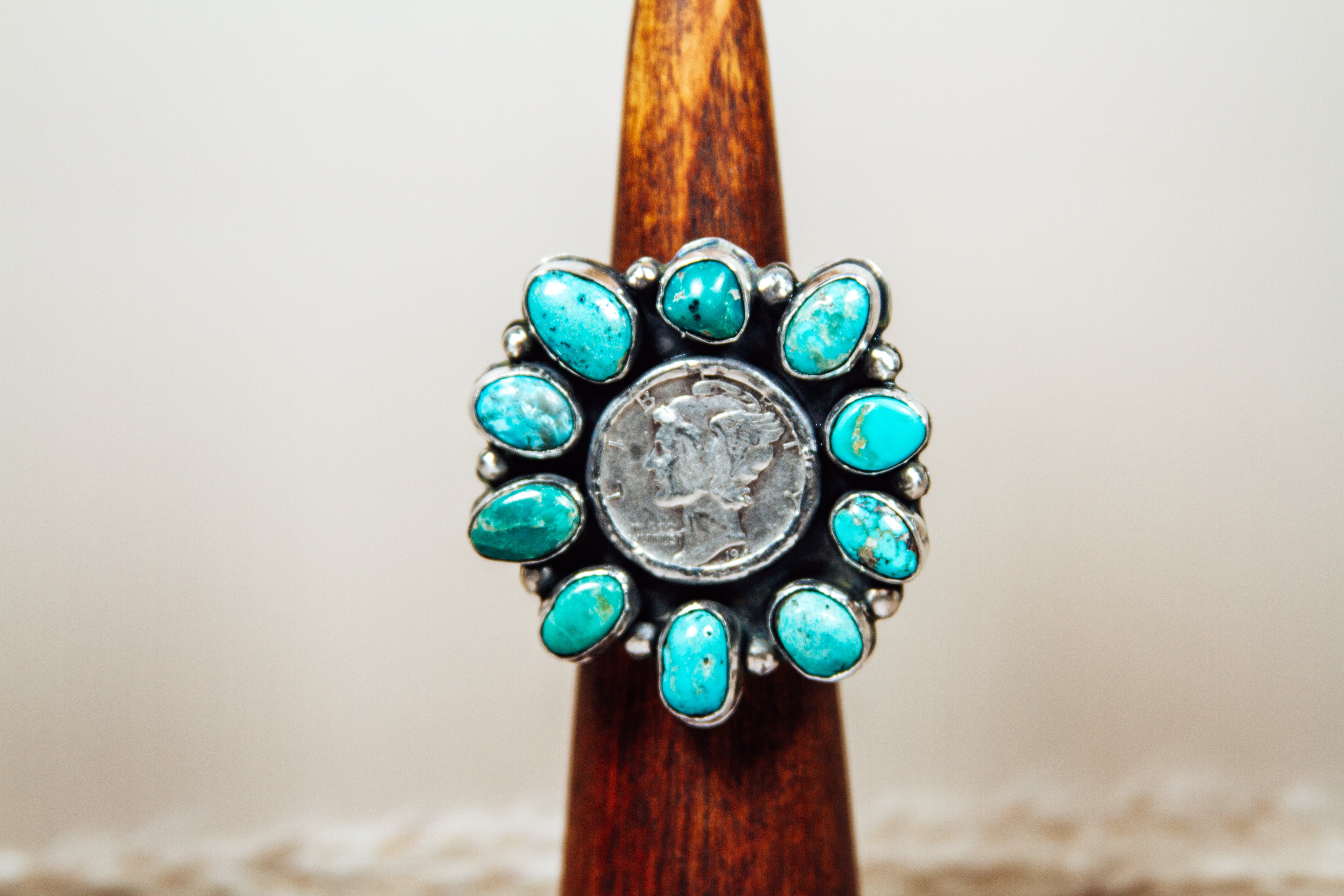 Handmade Sterling Silver Ring Kingman Turquoise and Mercury Dime Size 8.75