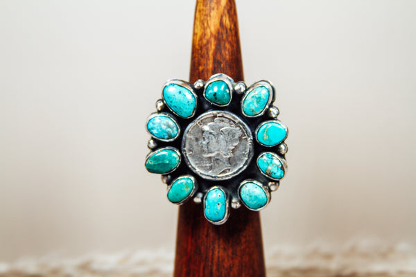 Handmade Sterling Silver Ring Kingman Turquoise and Mercury Dime Size 8.75