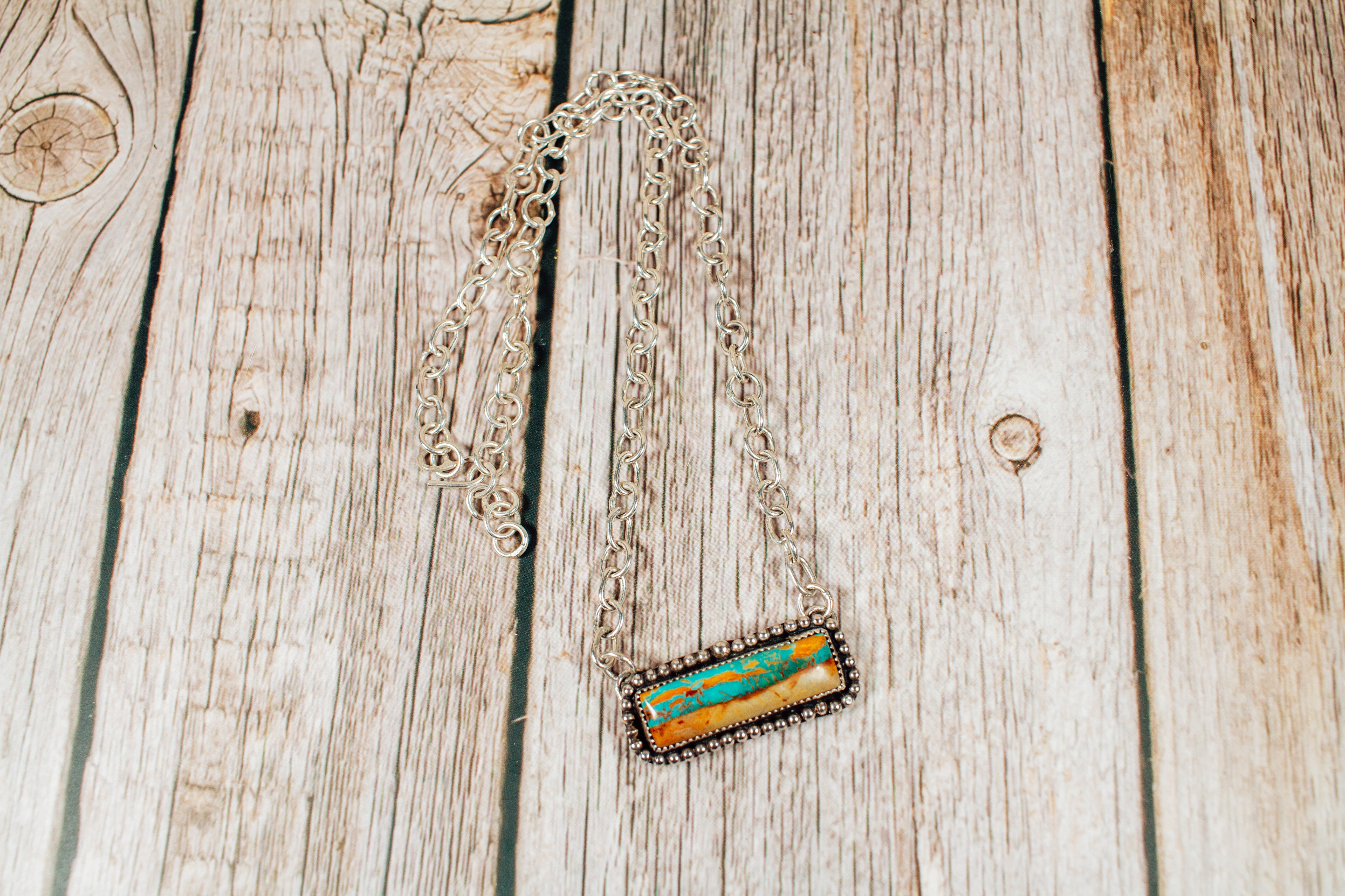 Handmade Ribbon Royston Turquoise Sterling Silver Bar Necklace