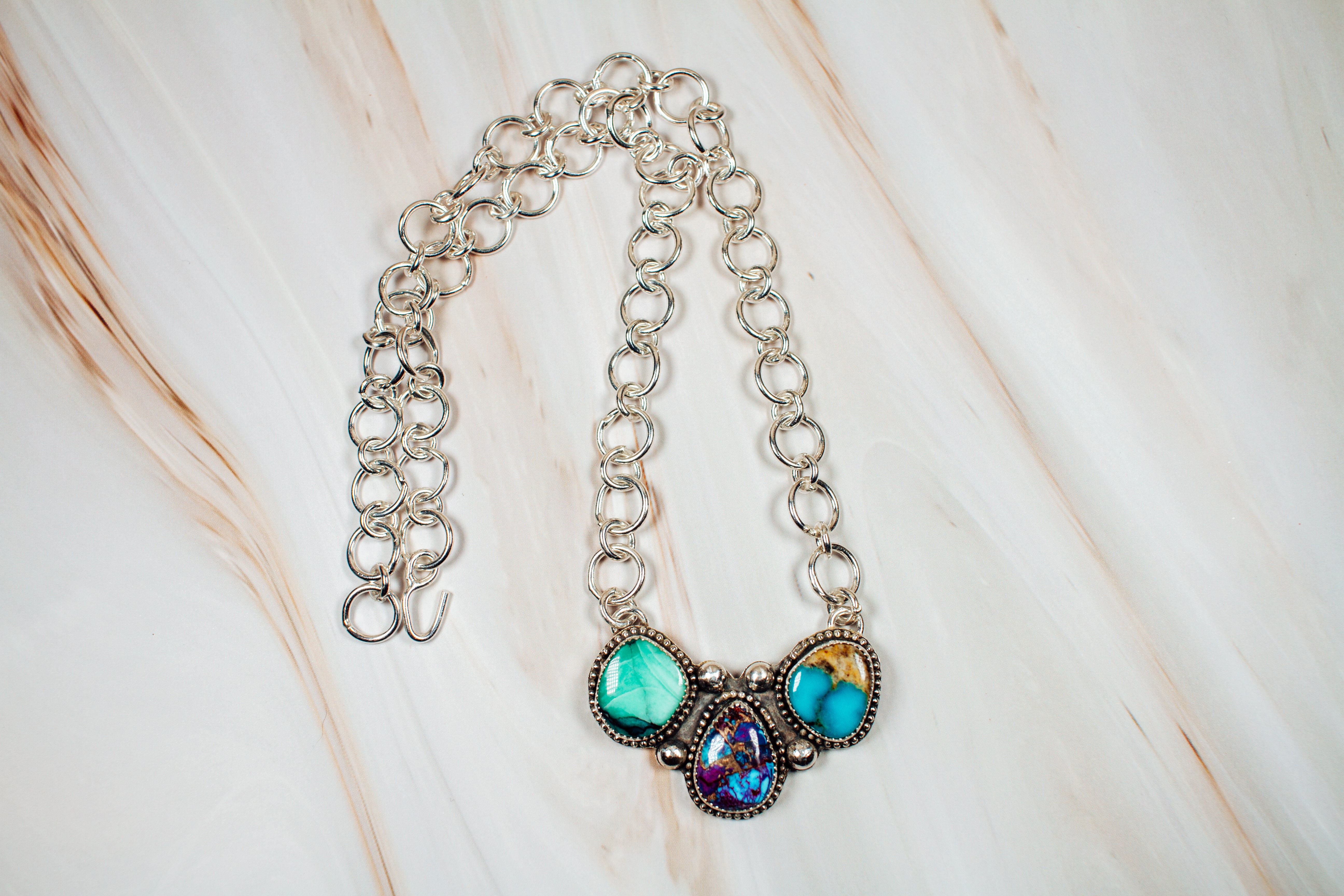 Handmade Variscite, Purple Dahlia, & Royston Turquoise Sterling Silver Necklace