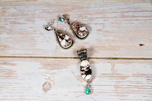 Handmade Sterling Silver Wild Horse Jasper & Kingman Turquoise Stud Earrings & Pendant Set