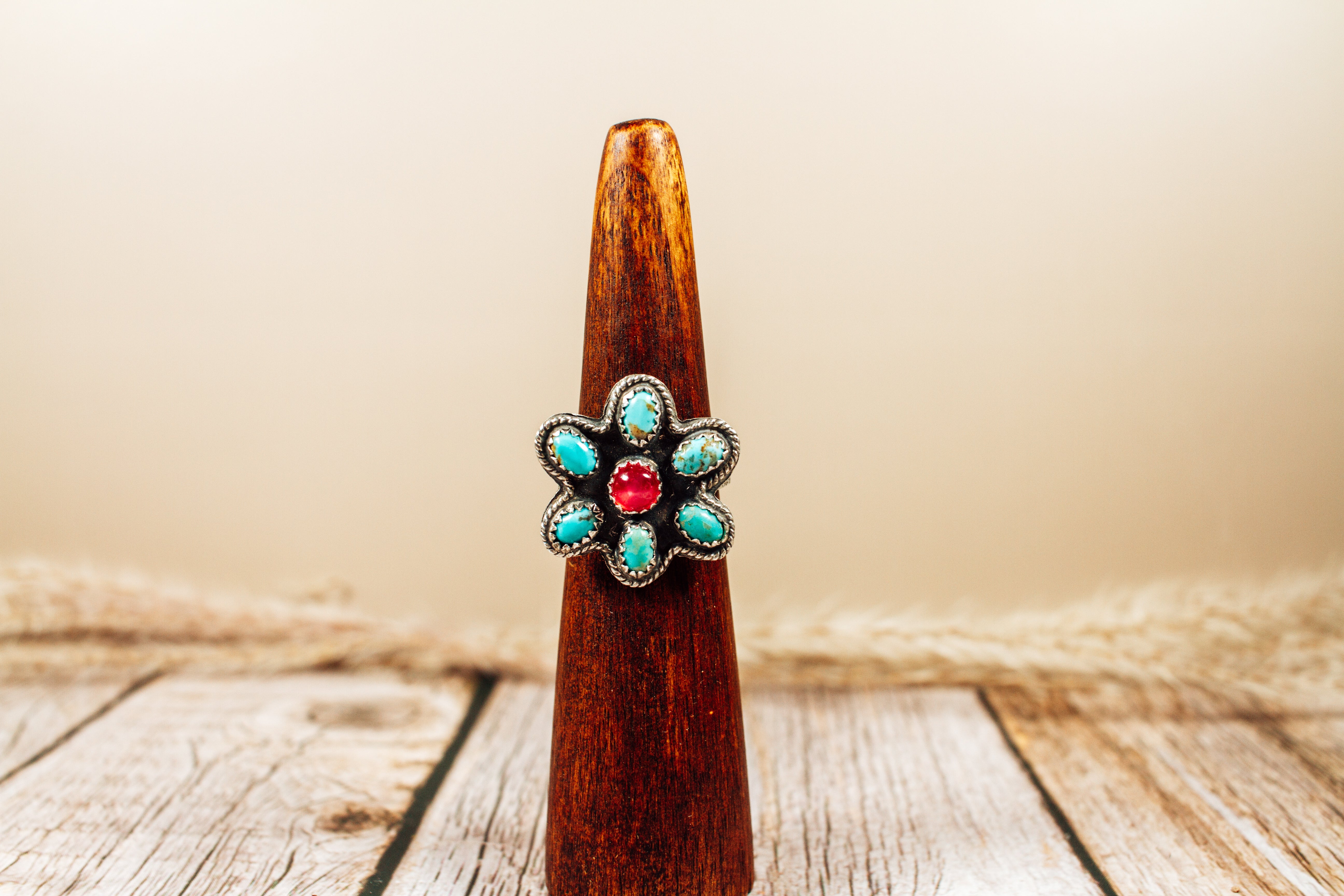 Handmade Ruby and Kingman Turquoise Sterling Silver Ring Size 8.5