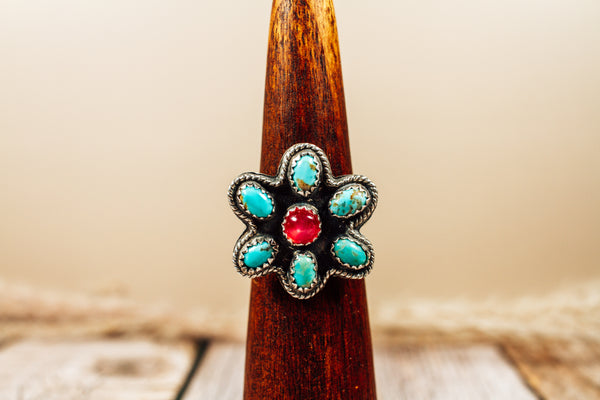 Handmade Ruby and Kingman Turquoise Sterling Silver Ring Size 8.5