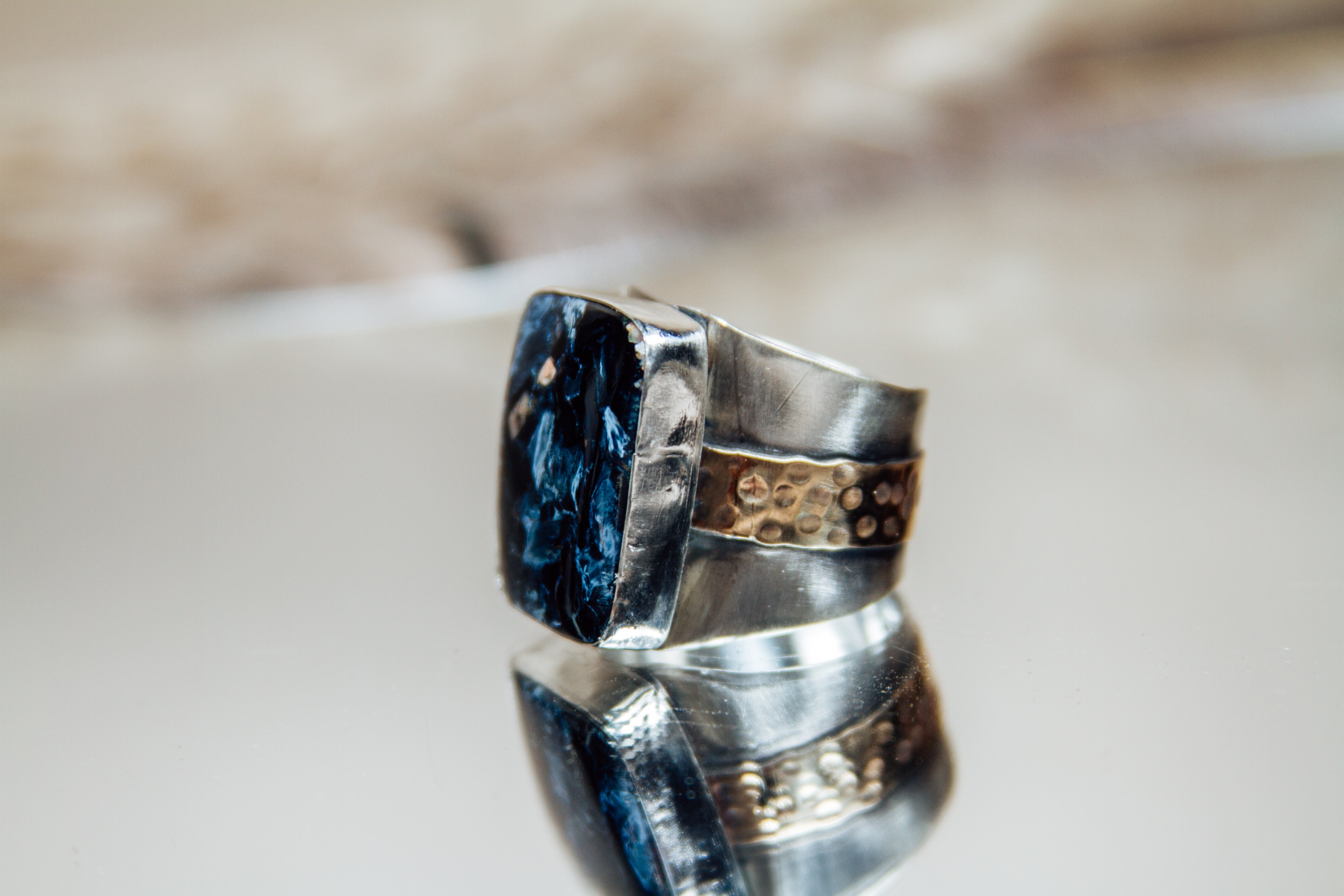 Handmade Sterling Silver & Jeweler’s Gold Ring | Pietersite Statement Ring | Size 10