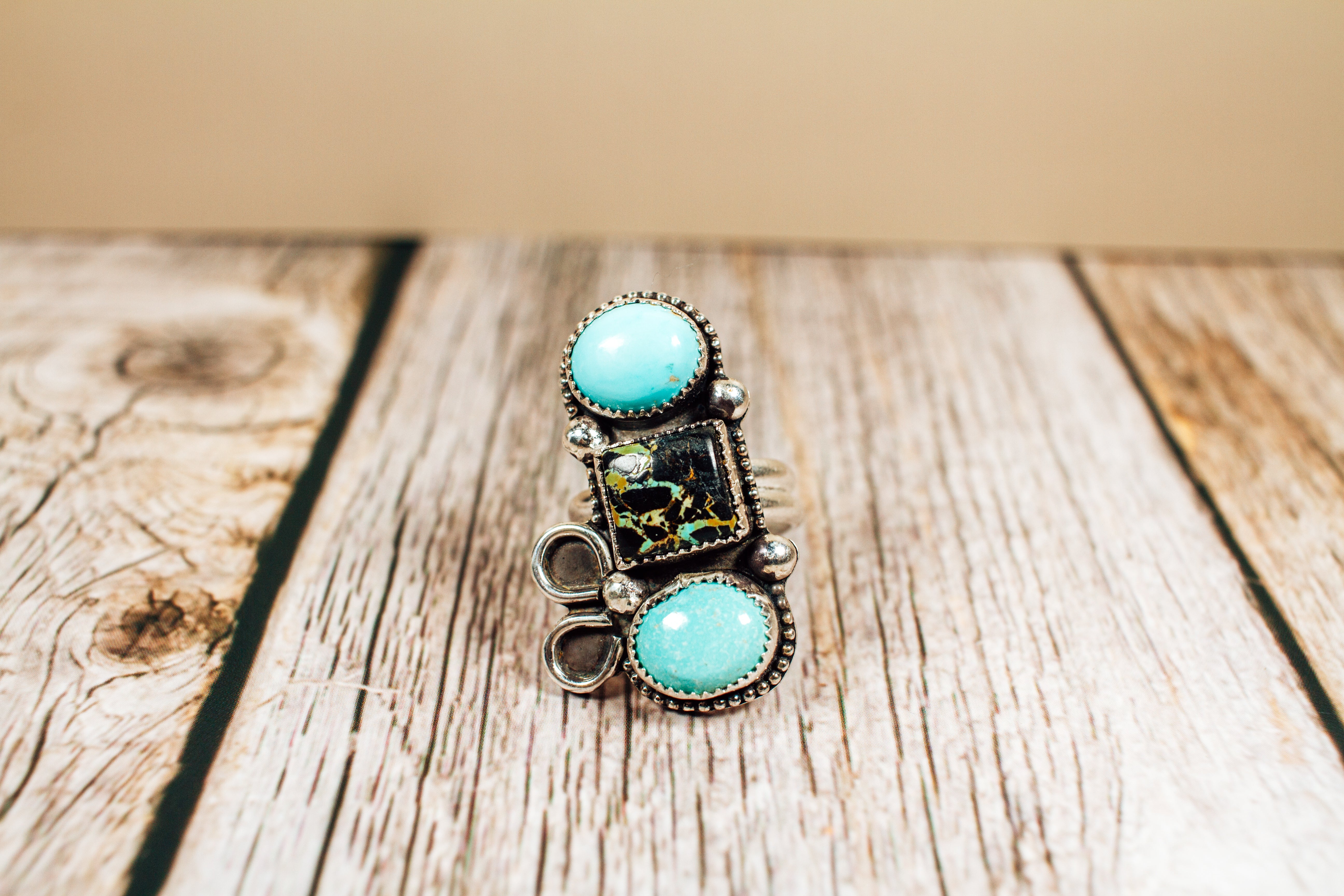 Handmade Kingman Turquoise and Black Jack Turquoise Sterling Silver Ring Size 7.5