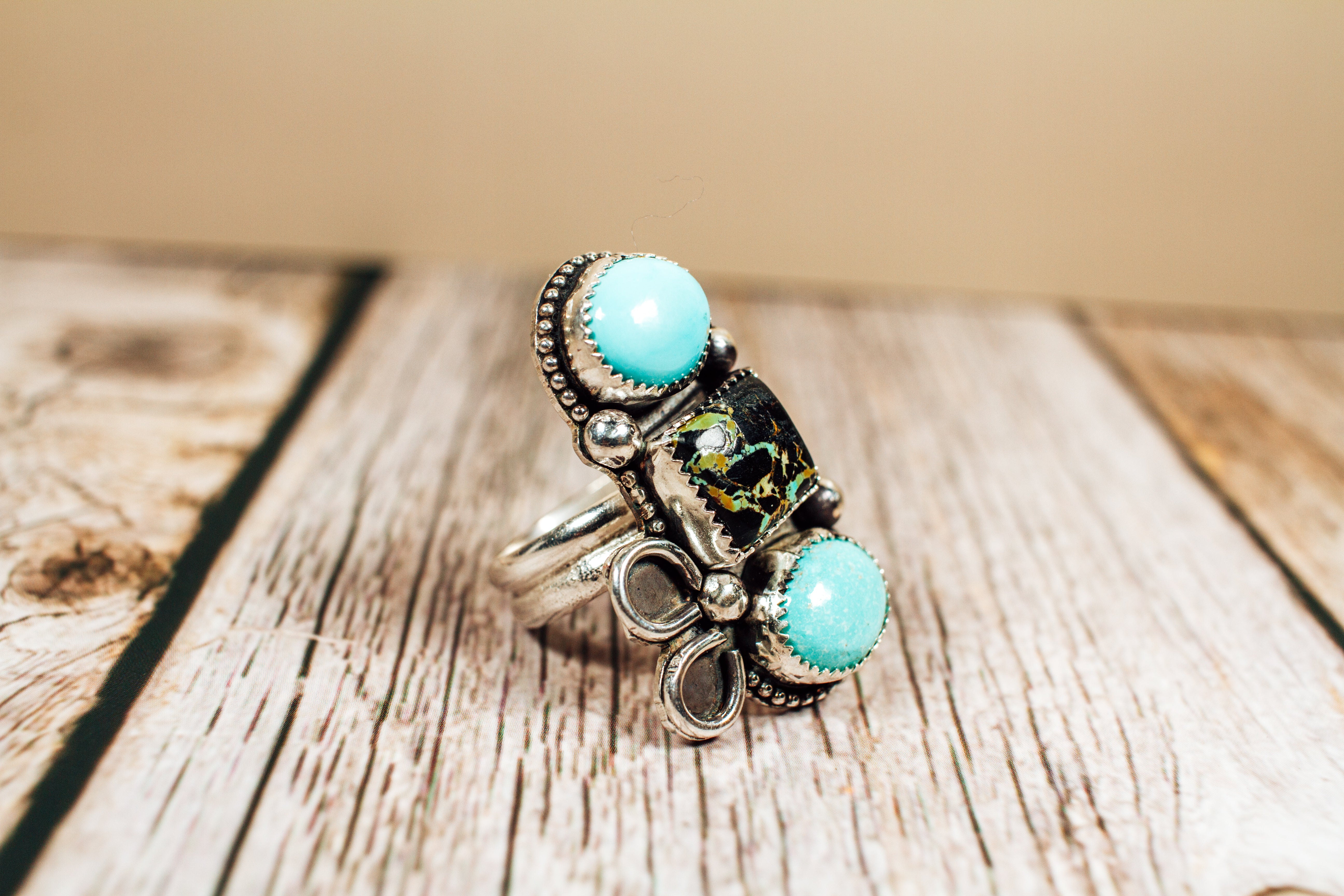 Handmade Kingman Turquoise and Black Jack Turquoise Sterling Silver Ring Size 7.5