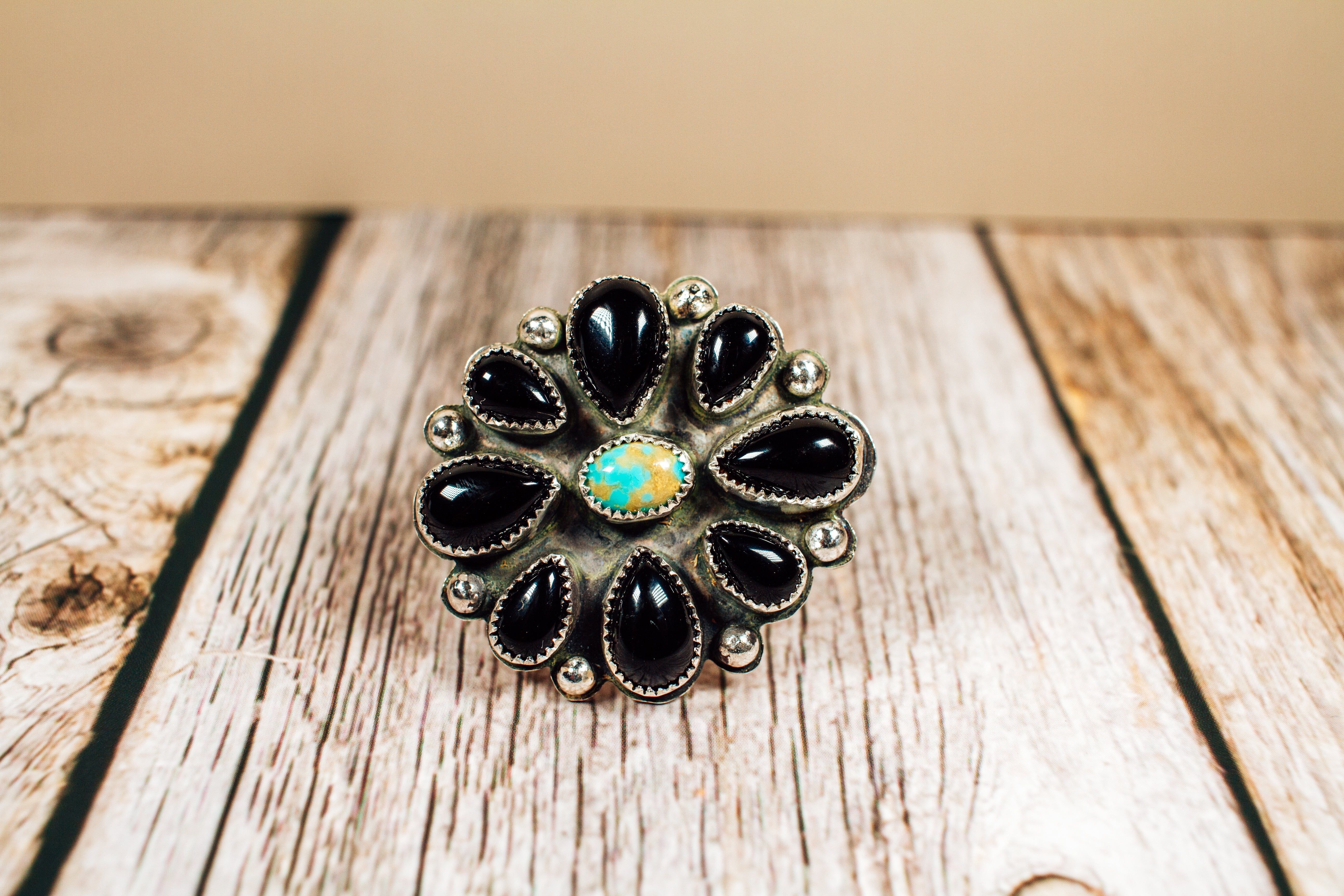 Handmade Black Onyx and Sonoran Turquoise Sterling Silver Flower Cluster Size 8