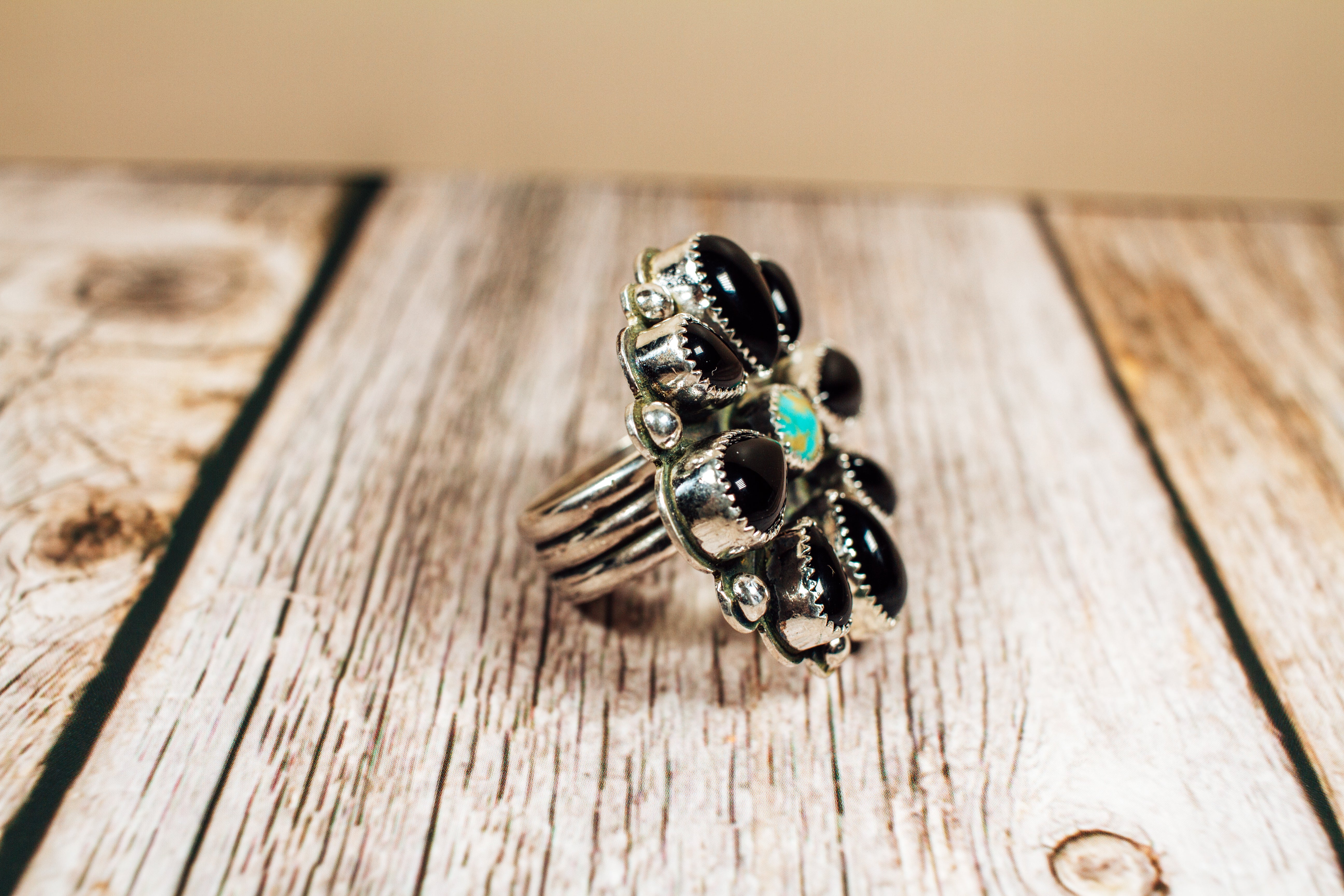 Handmade Black Onyx and Sonoran Turquoise Sterling Silver Flower Cluster Size 8