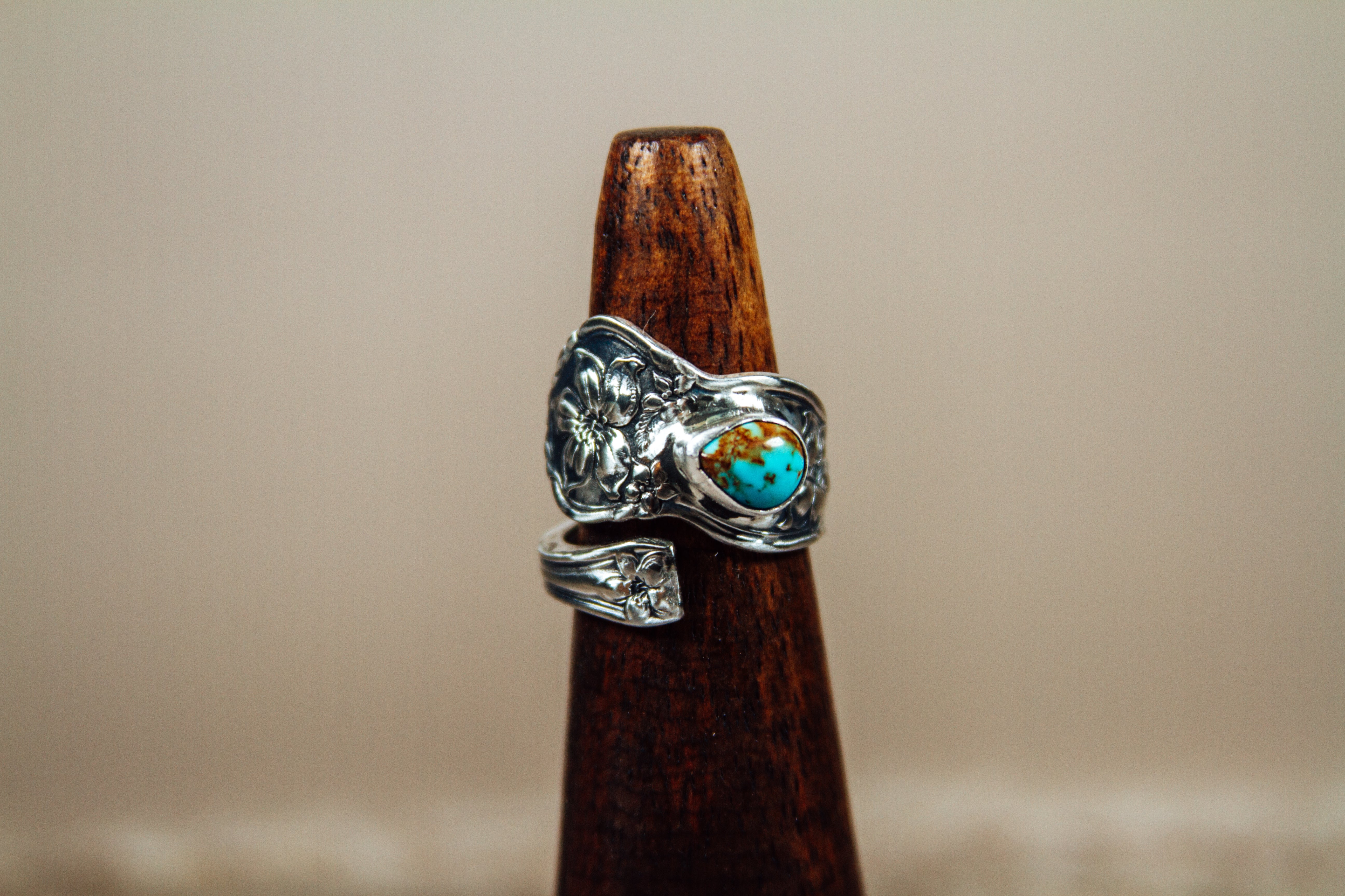 Antique Sterling Silver Spoon Ring with Kingman Turquoise | Handmade Upcycled Adjustable Ring