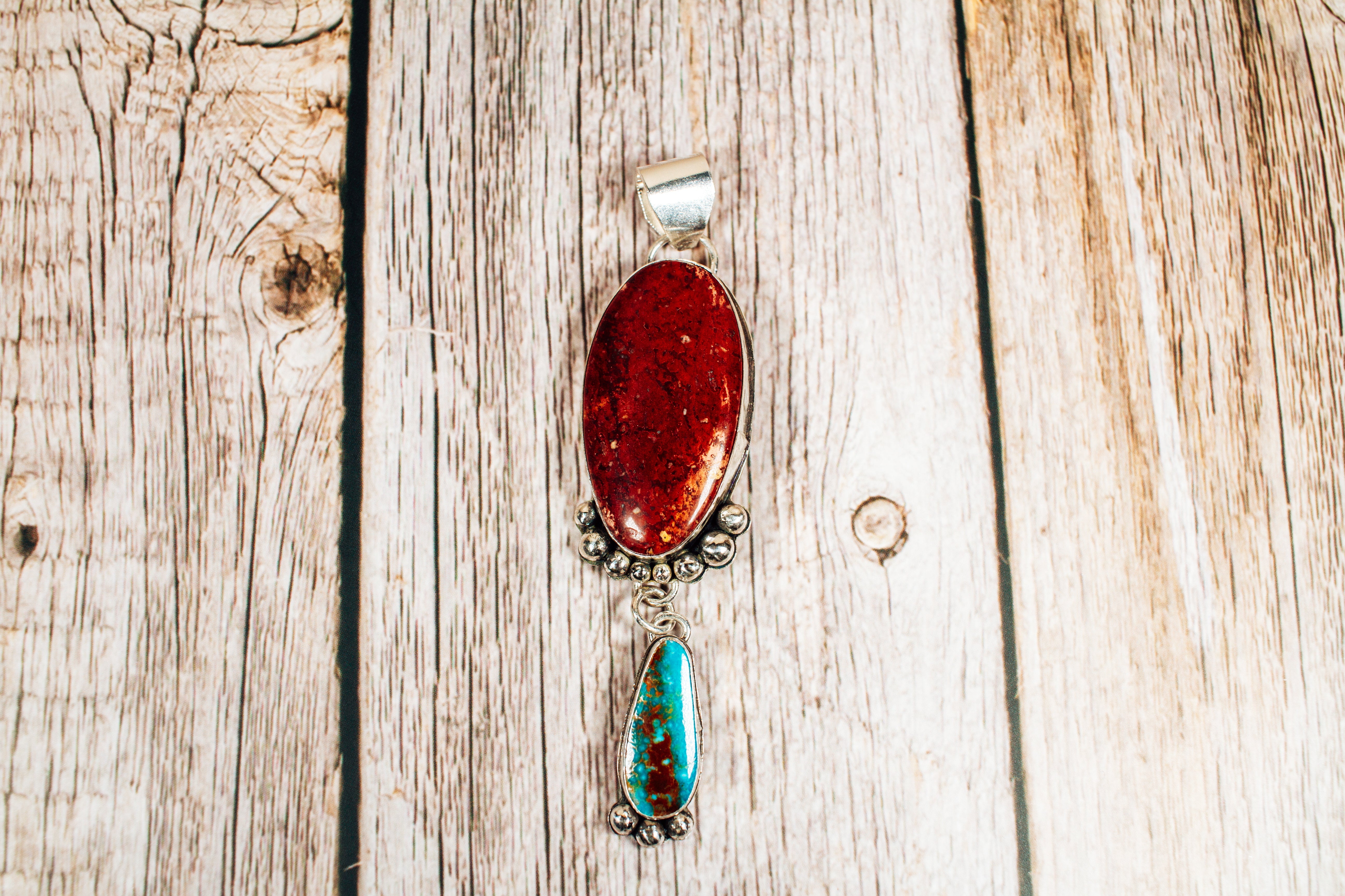 Handmade Sterling Silver Nevada Red Jasper and Royston Turquoise Pendant