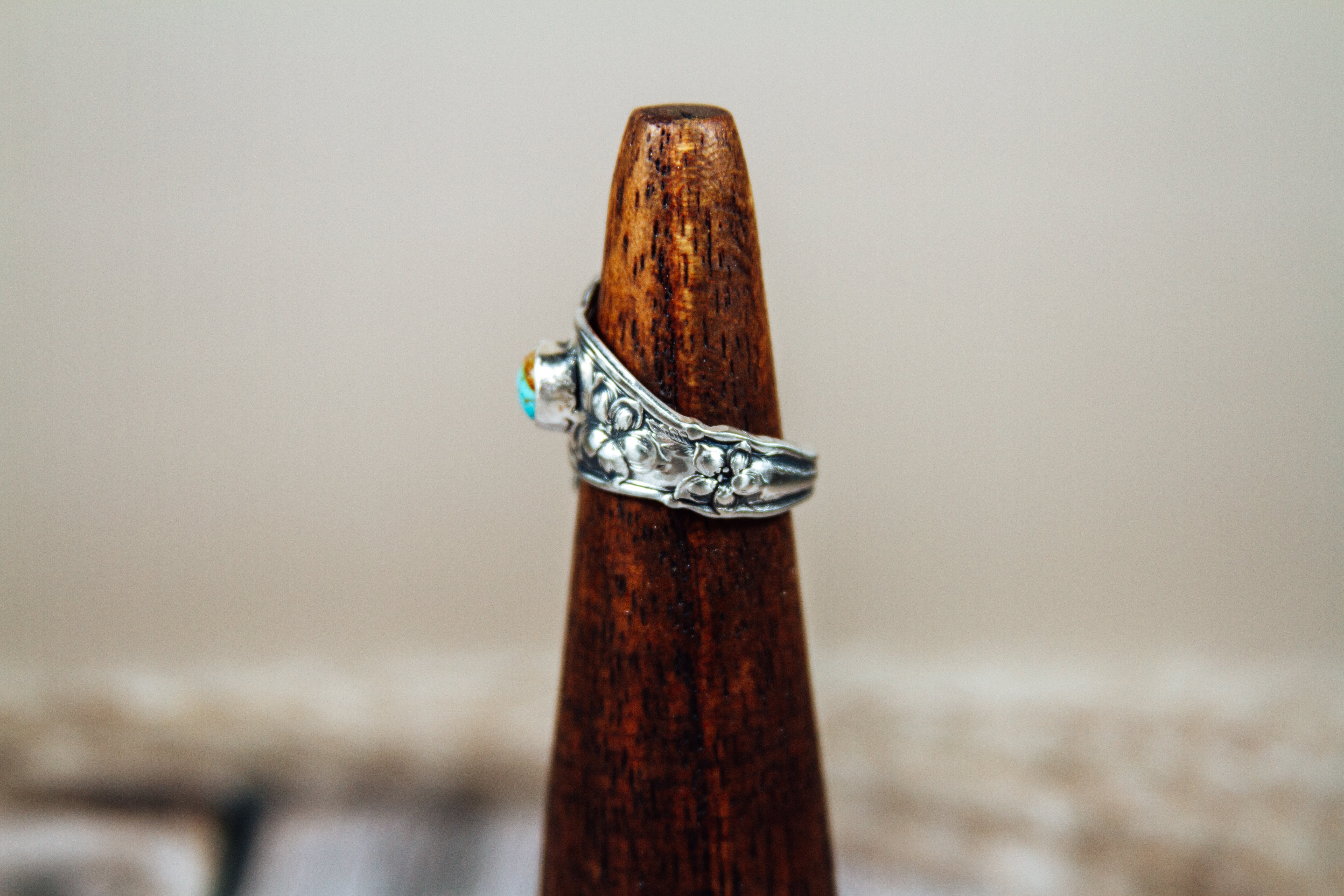 Antique Sterling Silver Spoon Ring with Kingman Turquoise | Handmade Upcycled Adjustable Ring