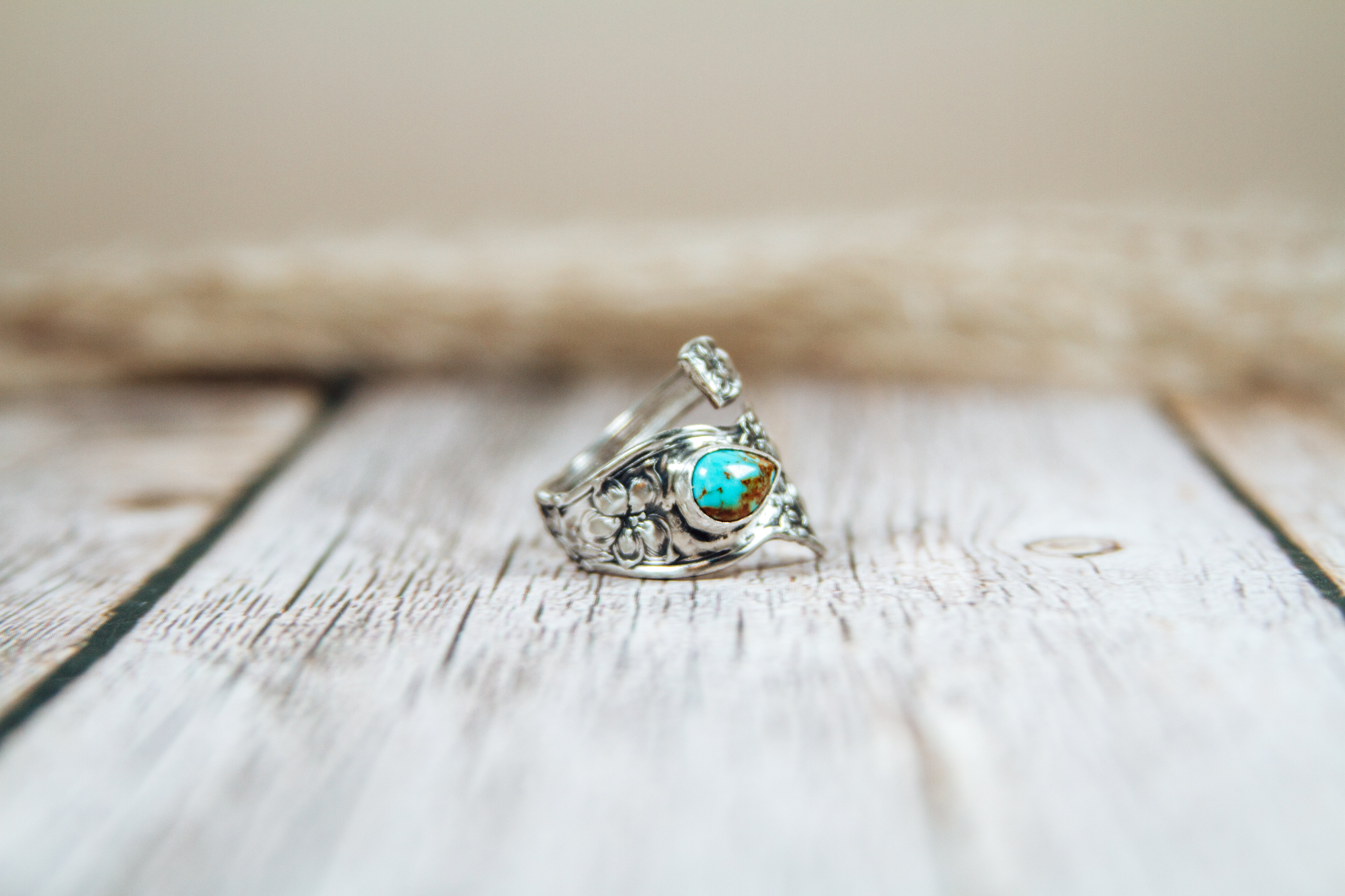 Antique Sterling Silver Spoon Ring with Kingman Turquoise | Handmade Upcycled Adjustable Ring