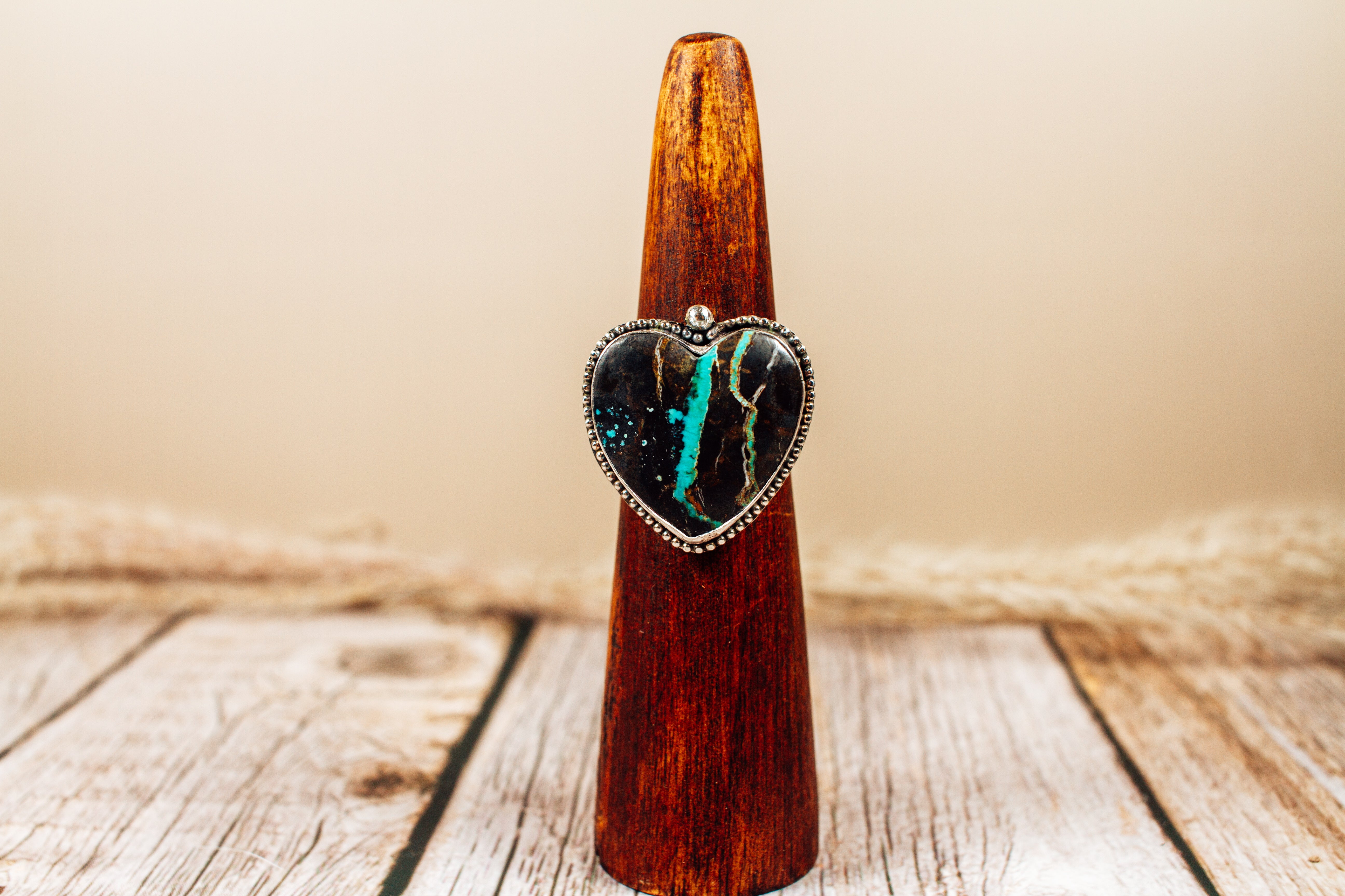 Handmade Black Jack Turquoise Heart Sterling Silver Ring Size 8.5