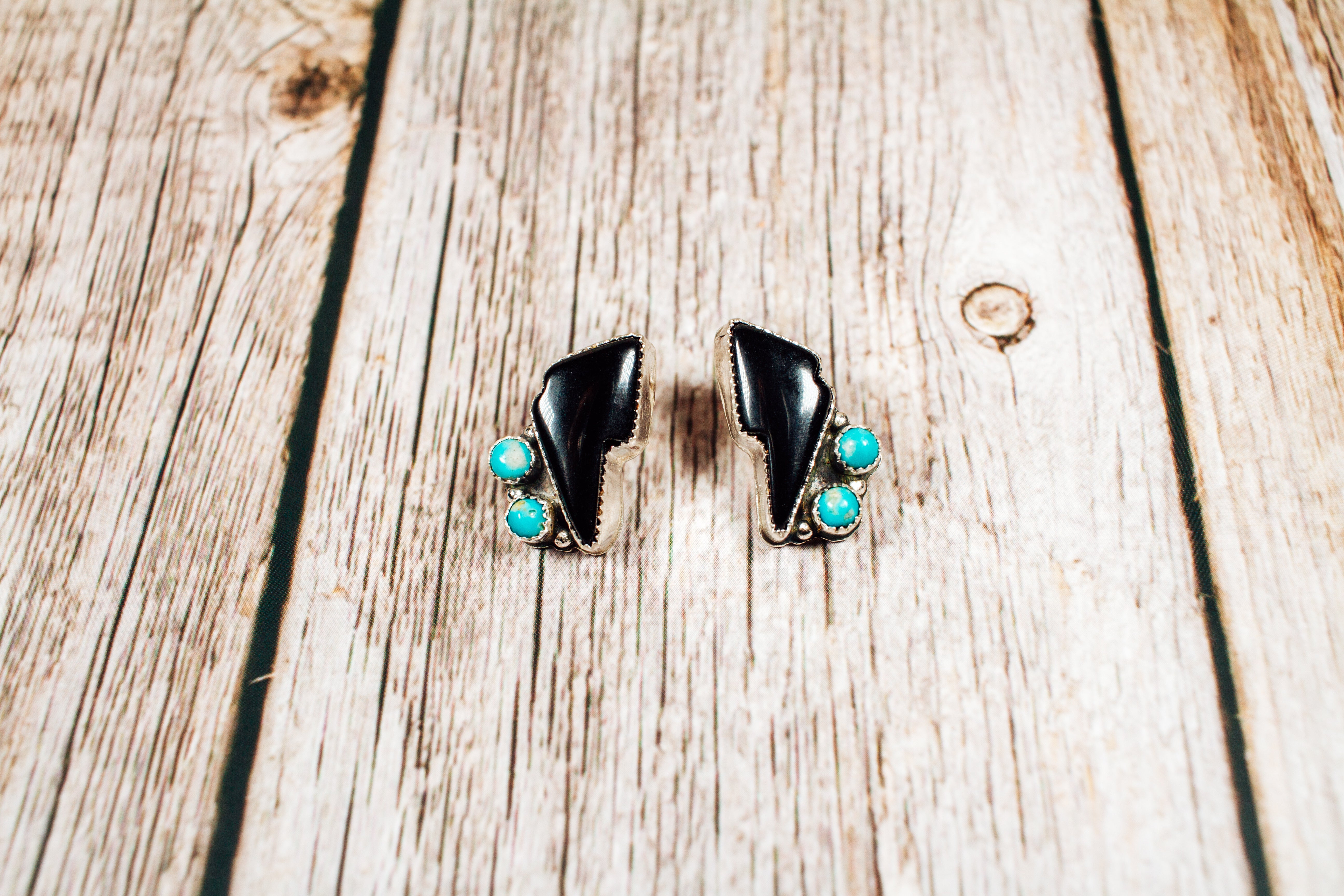 Handmade Black Onyx and Kingman Turquoise Stud Earrings