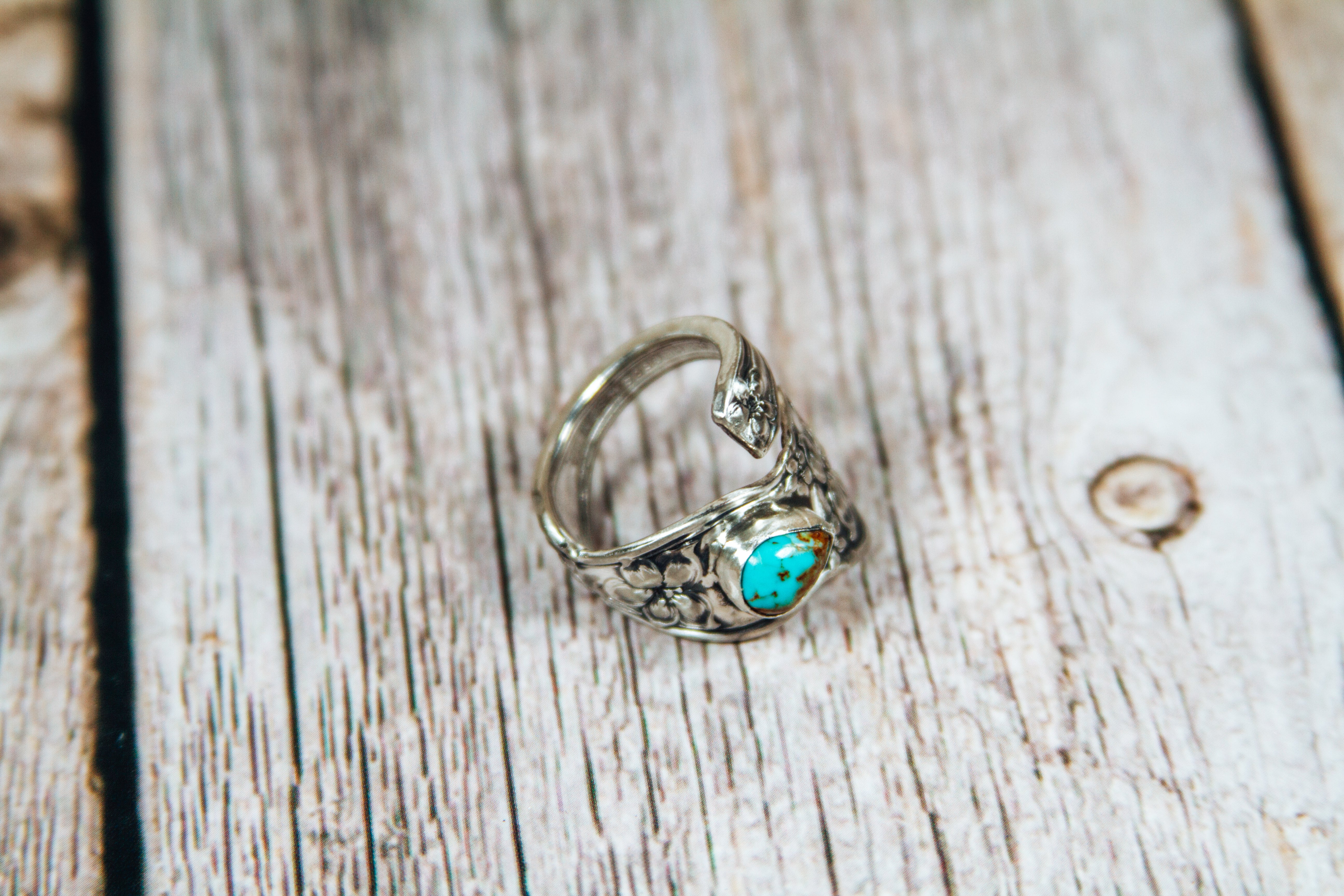 Antique Sterling Silver Spoon Ring with Kingman Turquoise | Handmade Upcycled Adjustable Ring