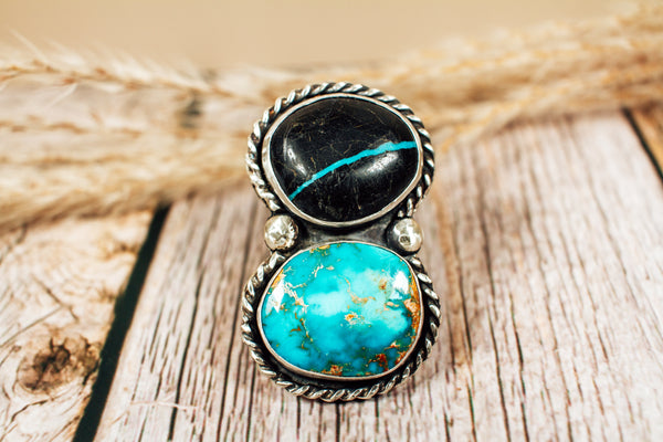 Handmade Nevada Boulder Turquoise & Royston Turquoise Sterling Silver Ring Size 7.5