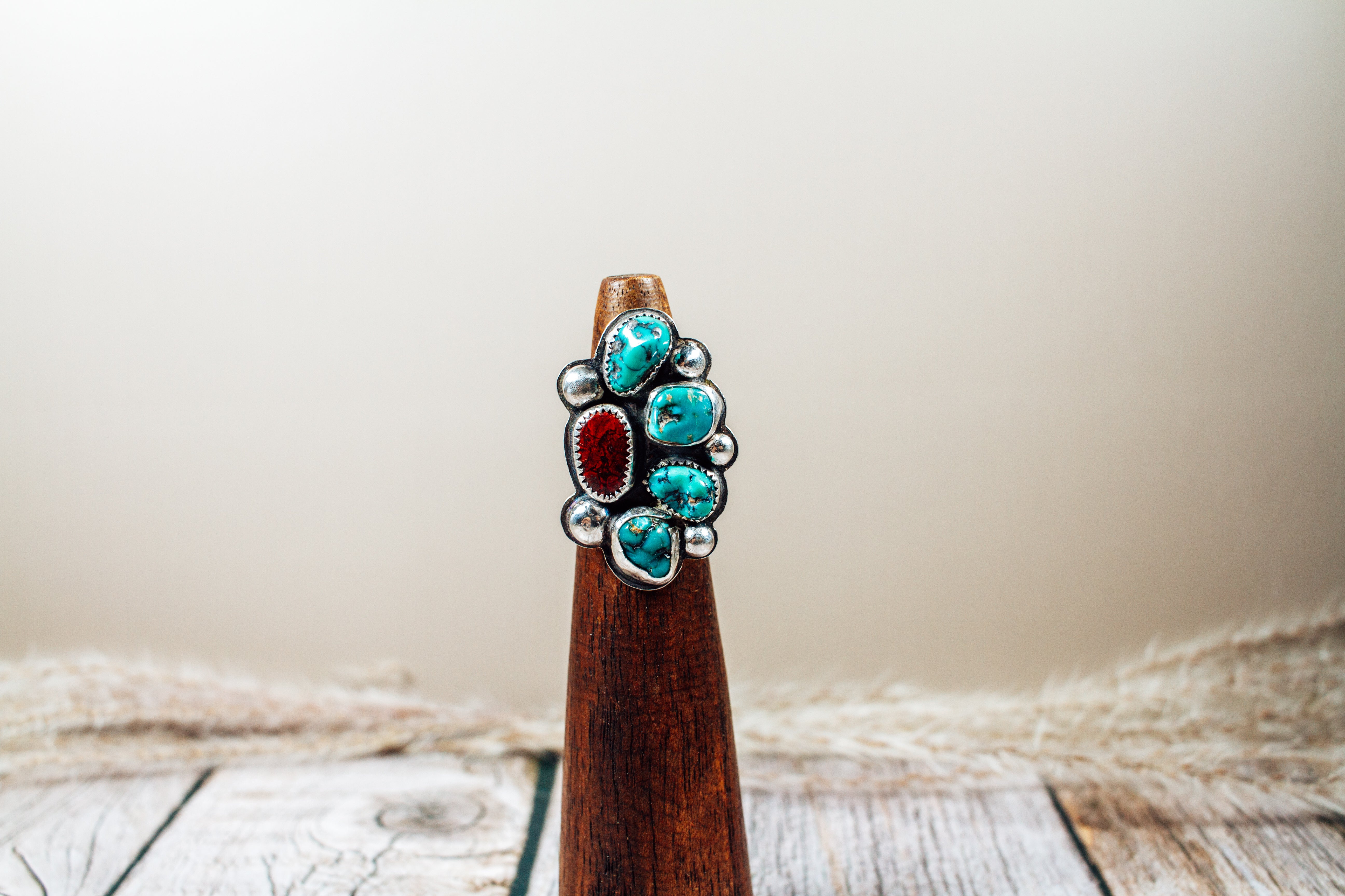 Handmade Sterling Silver Ring Kingman Turquoise and Nevada Red Jasper Size 6