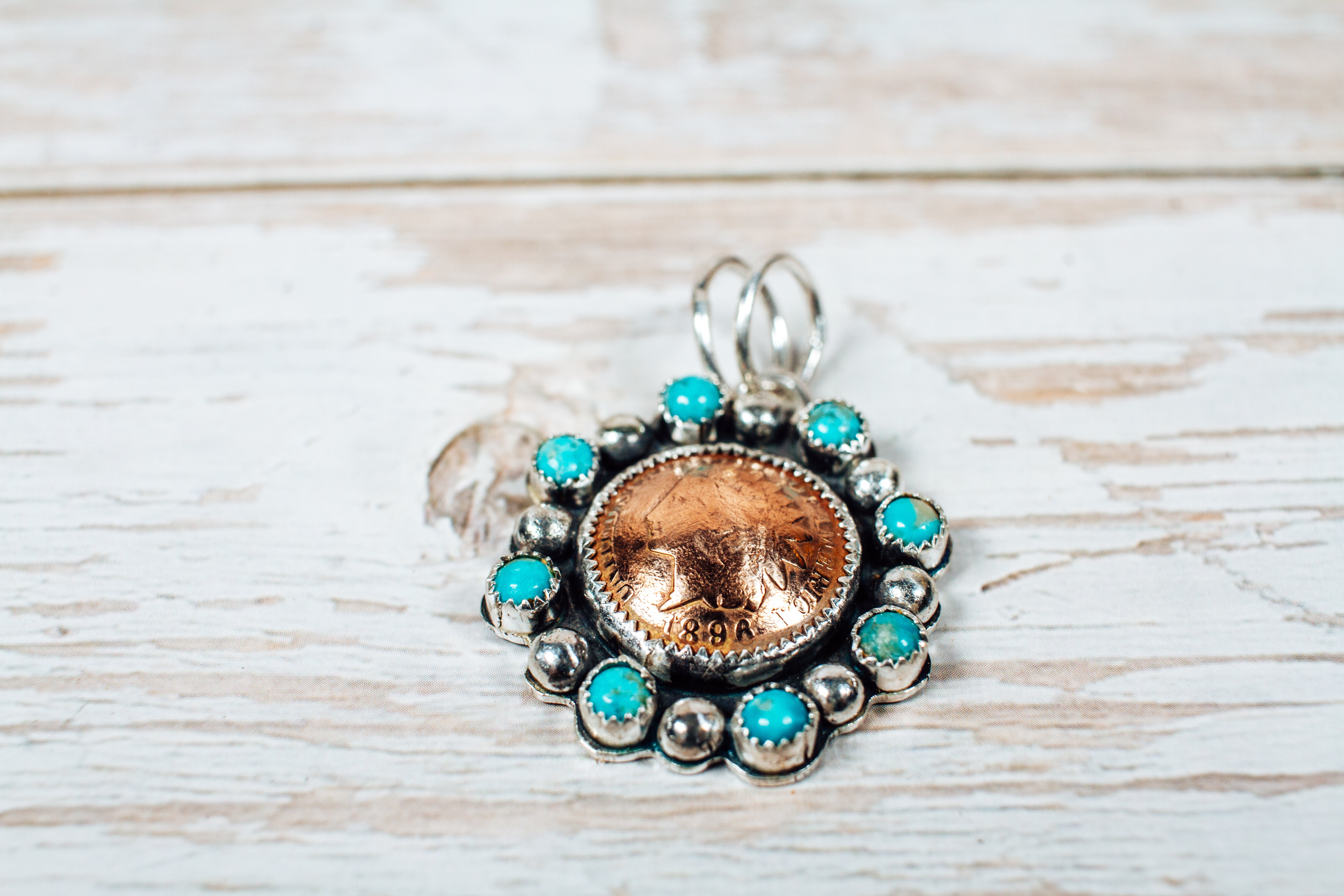 Handmade Sterling Silver Kingman Turquoise and 1896 Indian Head Penny Pendant