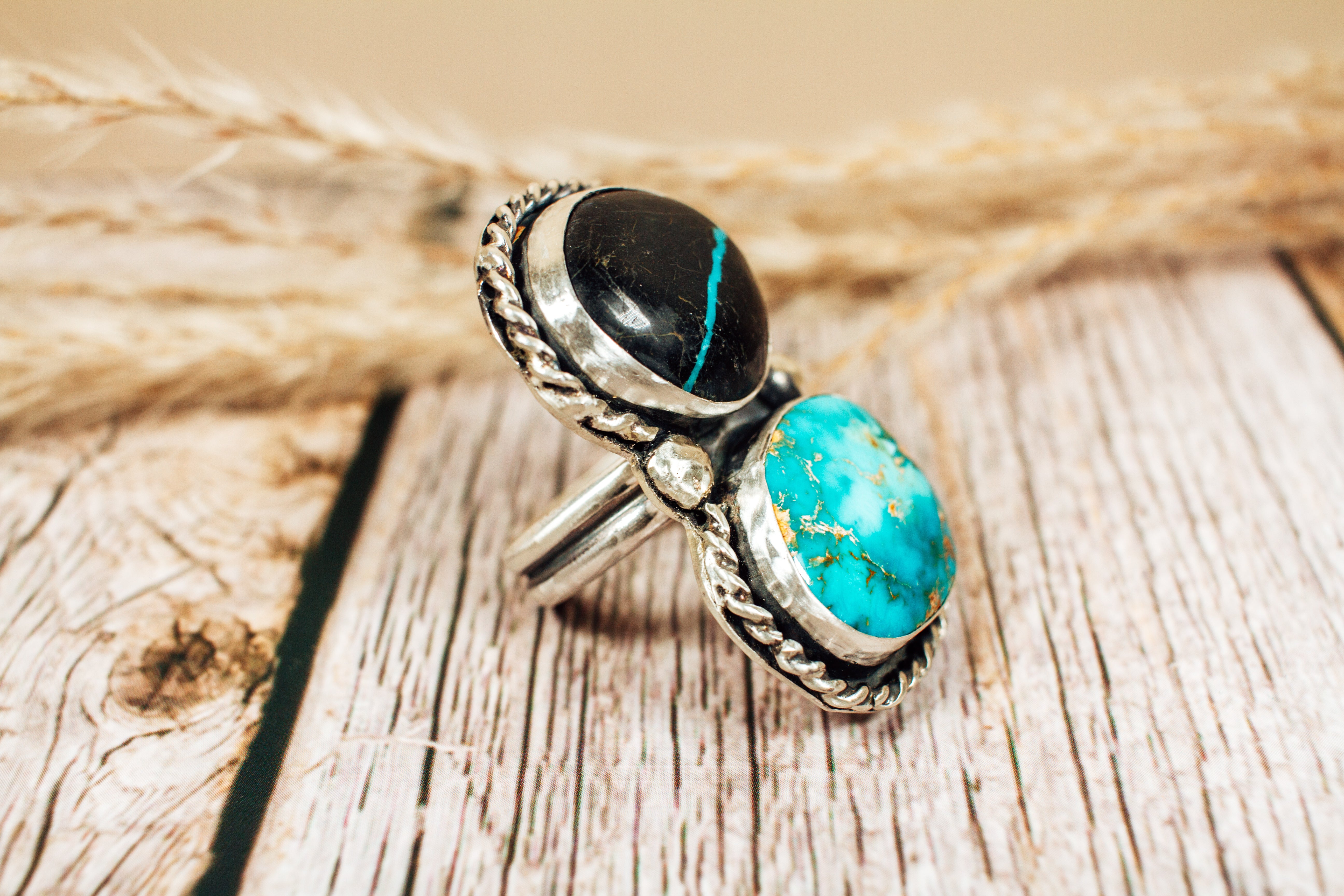 Handmade Nevada Boulder Turquoise & Royston Turquoise Sterling Silver Ring Size 7.5