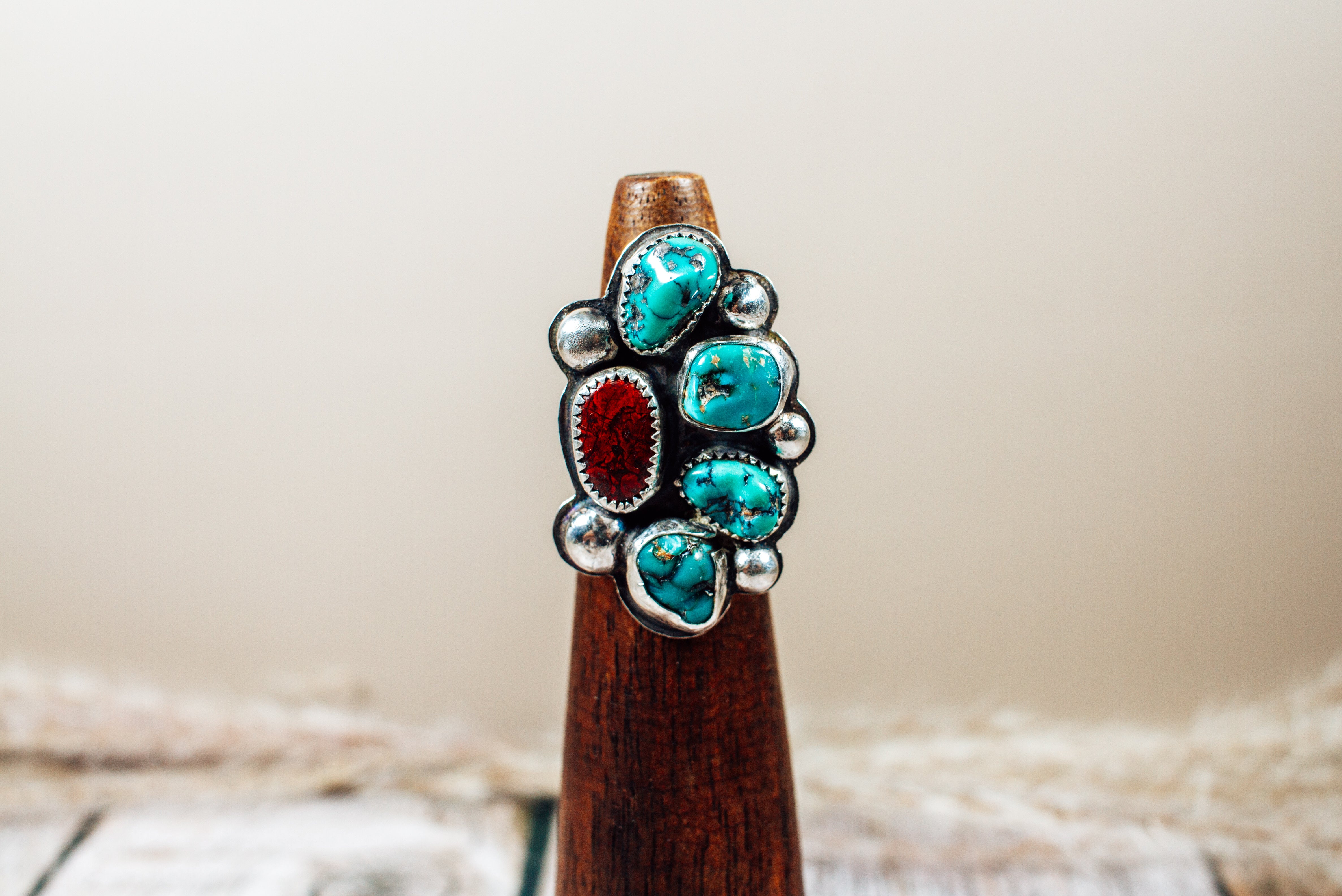 Handmade Sterling Silver Ring Kingman Turquoise and Nevada Red Jasper Size 6