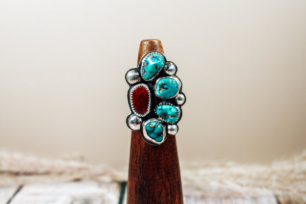 Handmade Sterling Silver Ring Kingman Turquoise and Nevada Red Jasper Size 6