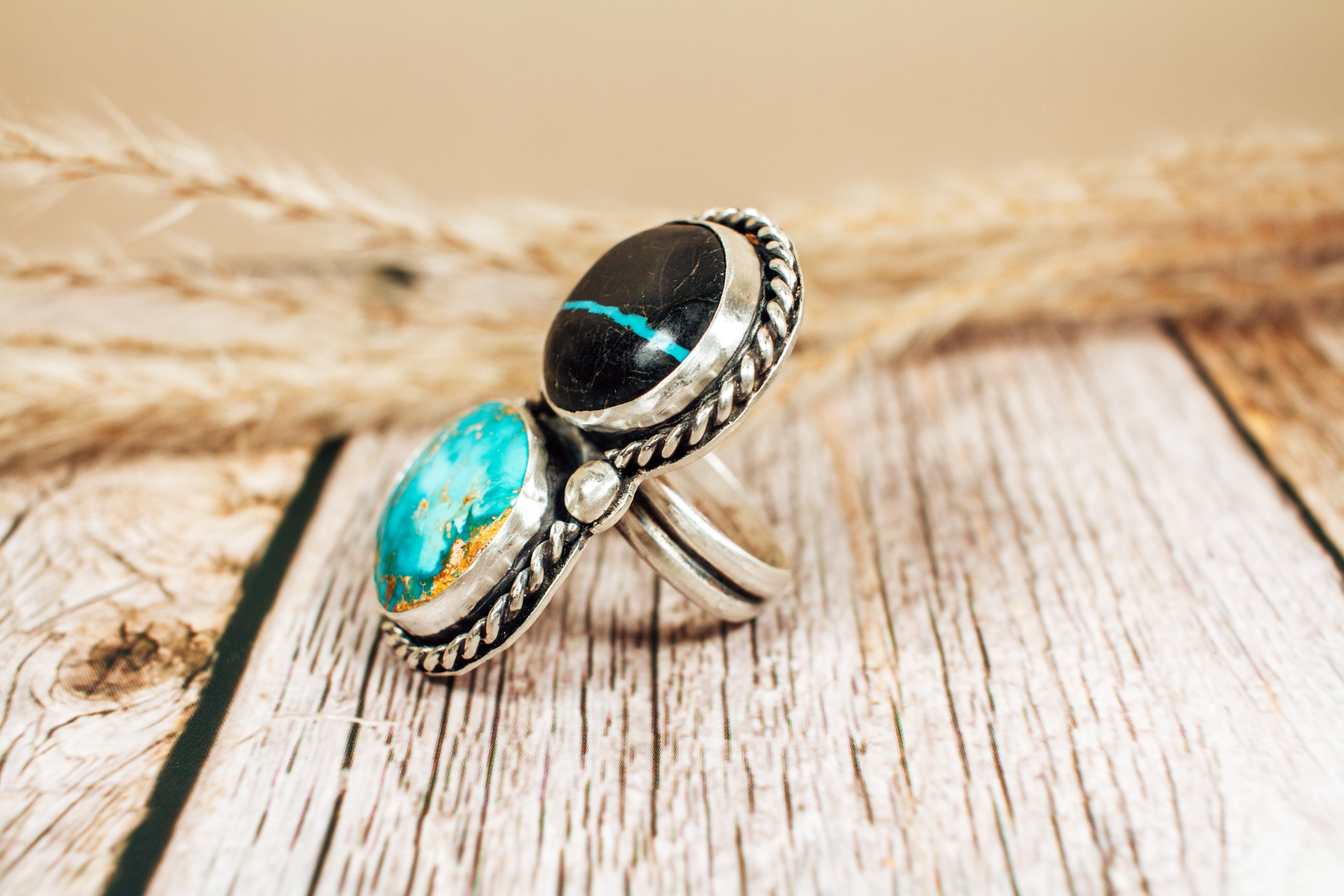 Handmade Nevada Boulder Turquoise & Royston Turquoise Sterling Silver Ring Size 7.5