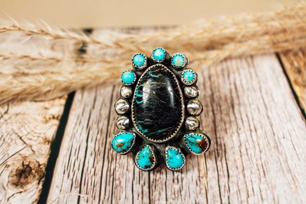 Handmade Nevada Boulder Turquoise & Kingman Turquoise Sterling Silver Ring Size 10