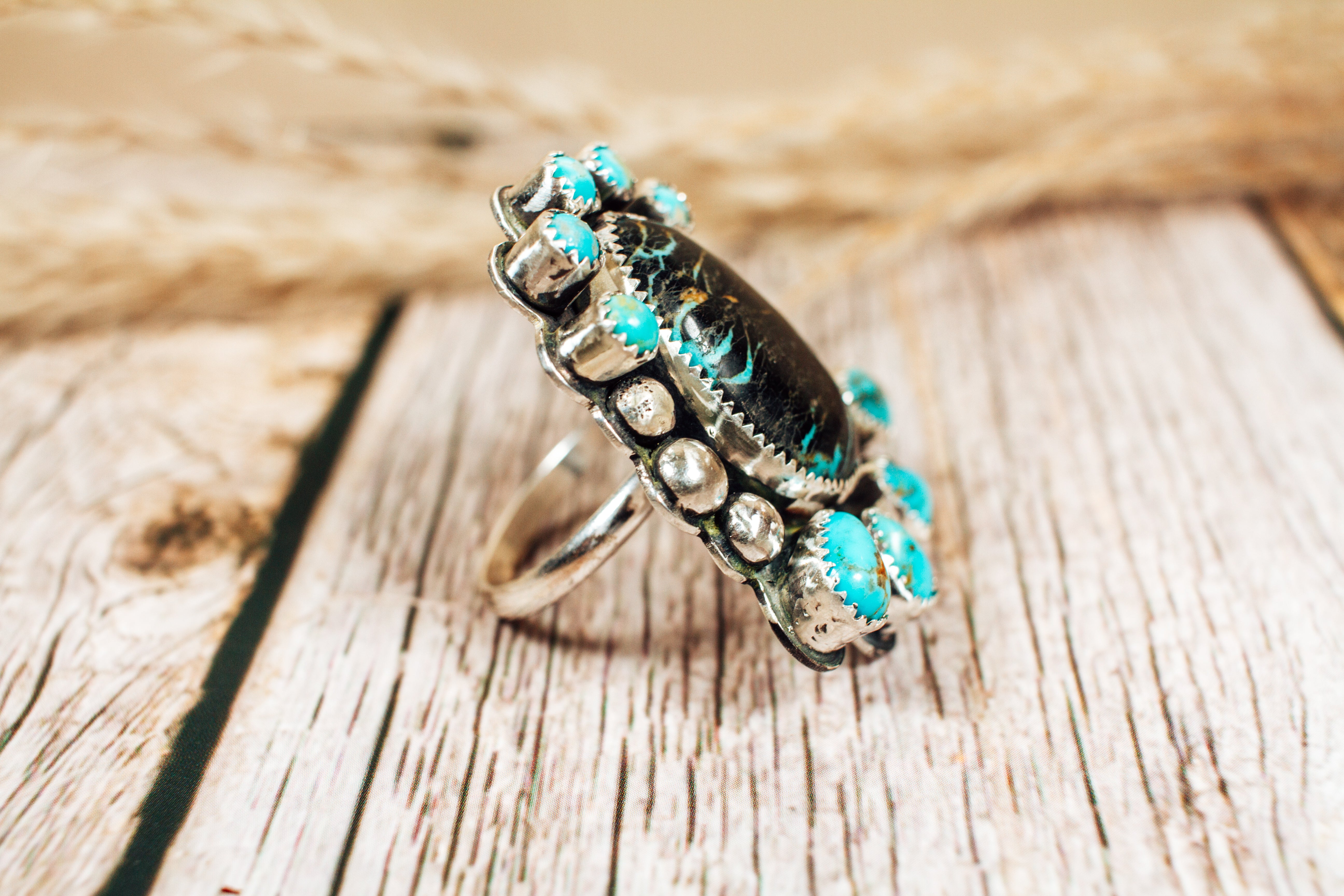 Handmade Nevada Boulder Turquoise & Kingman Turquoise Sterling Silver Ring Size 10