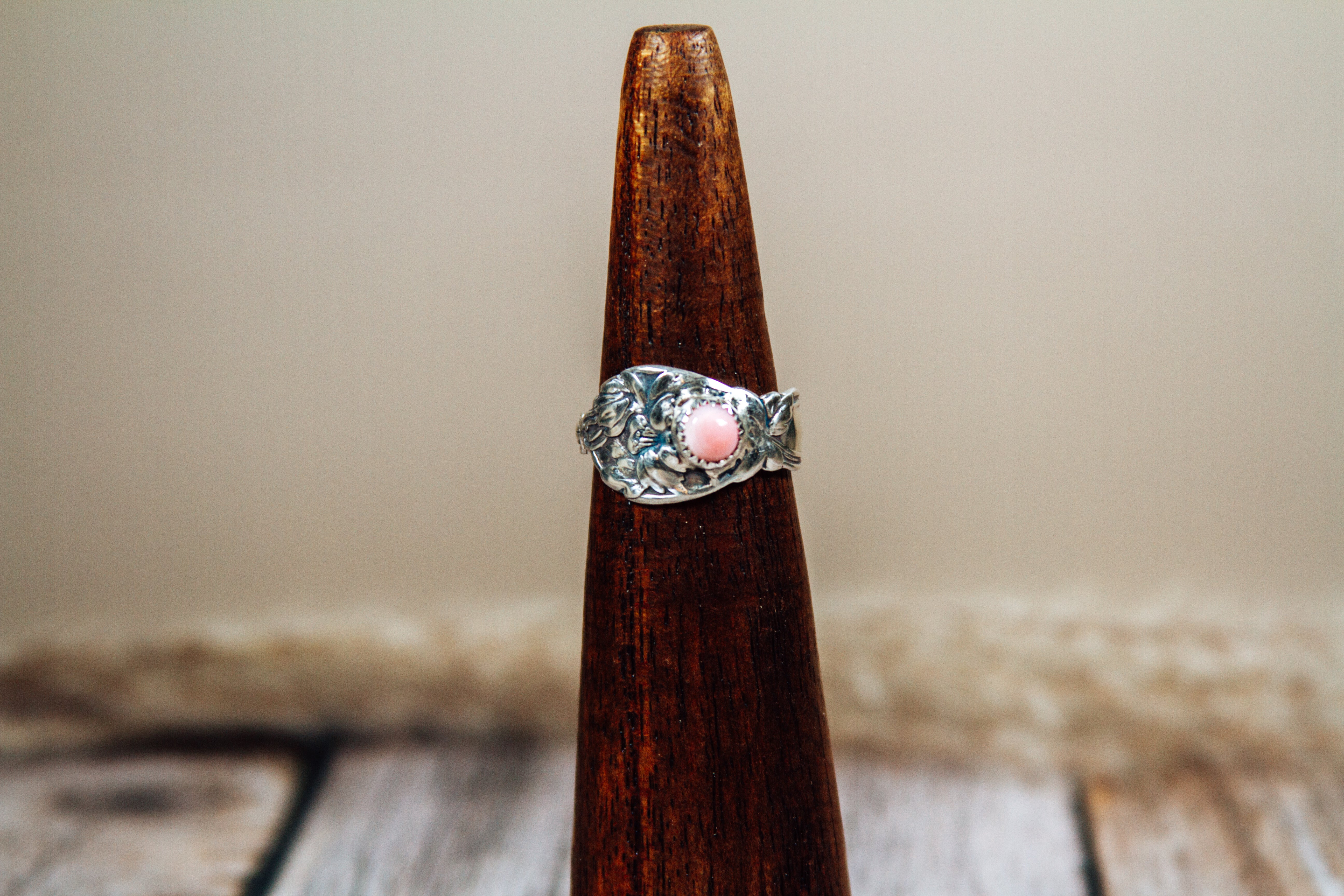 Antique Sterling Silver Spoon Ring with Pink Conch | Handmade Upcycled Size 10 Ring
