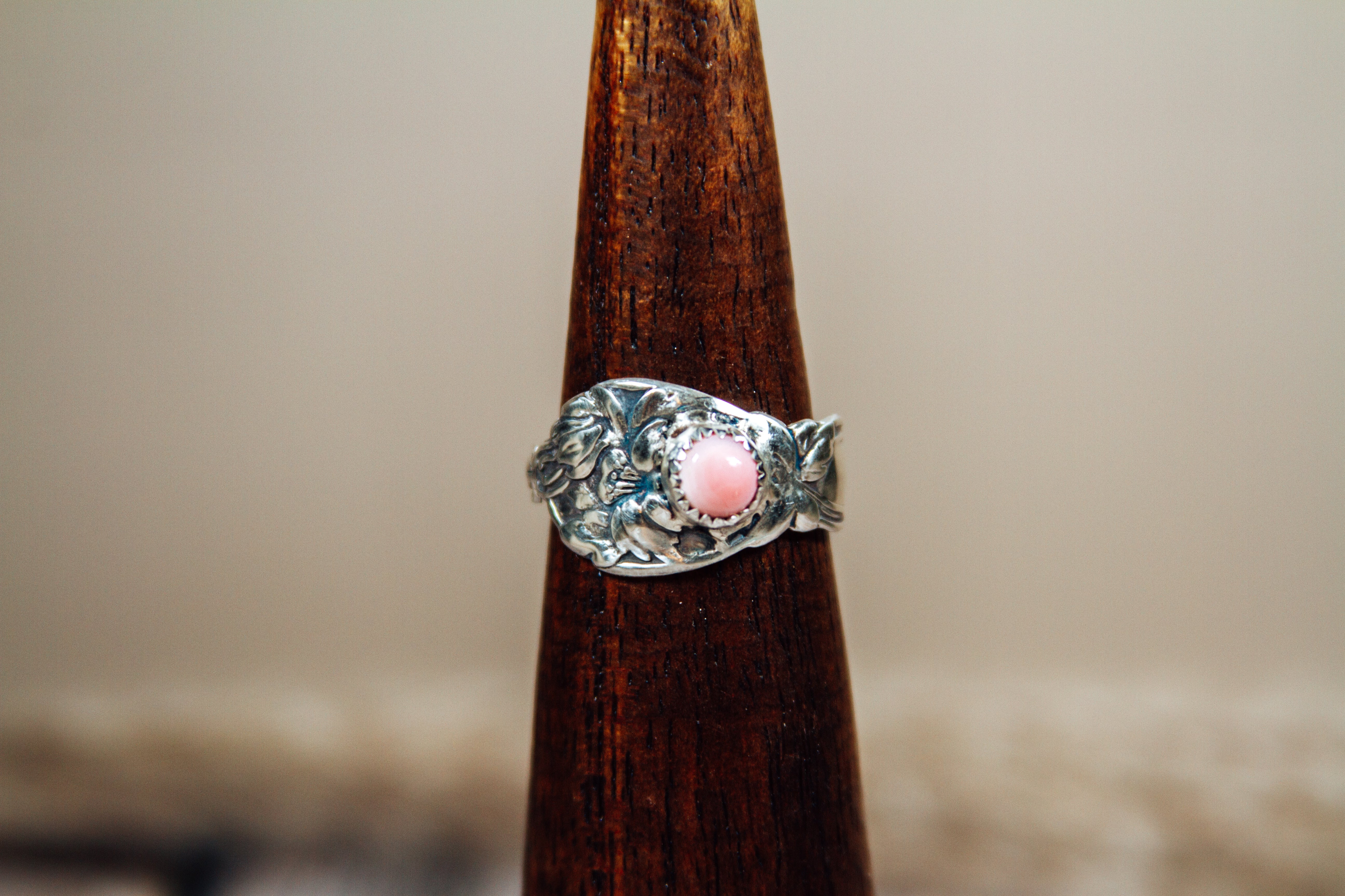 Antique Sterling Silver Spoon Ring with Pink Conch | Handmade Upcycled Size 10 Ring