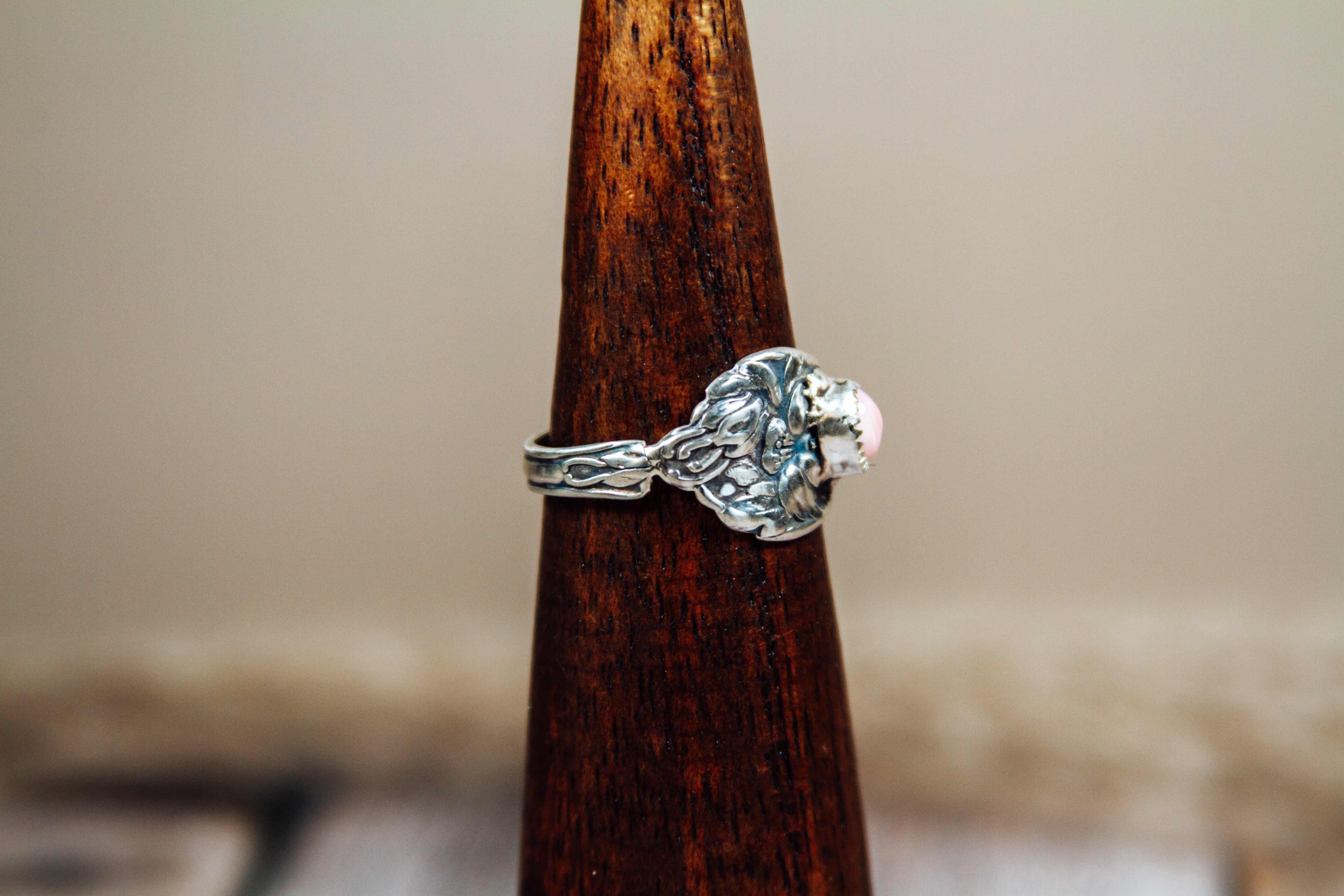 Antique Sterling Silver Spoon Ring with Pink Conch | Handmade Upcycled Size 10 Ring