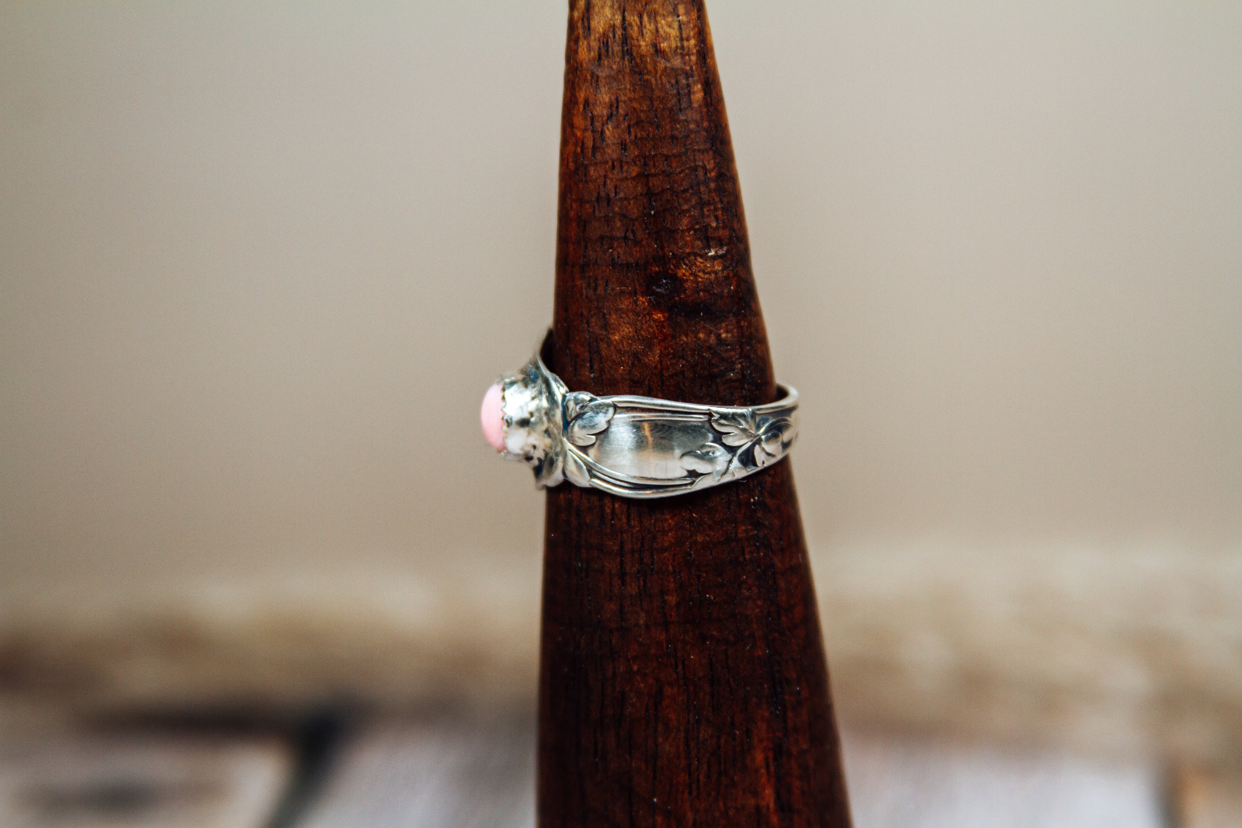 Antique Sterling Silver Spoon Ring with Pink Conch | Handmade Upcycled Size 10 Ring