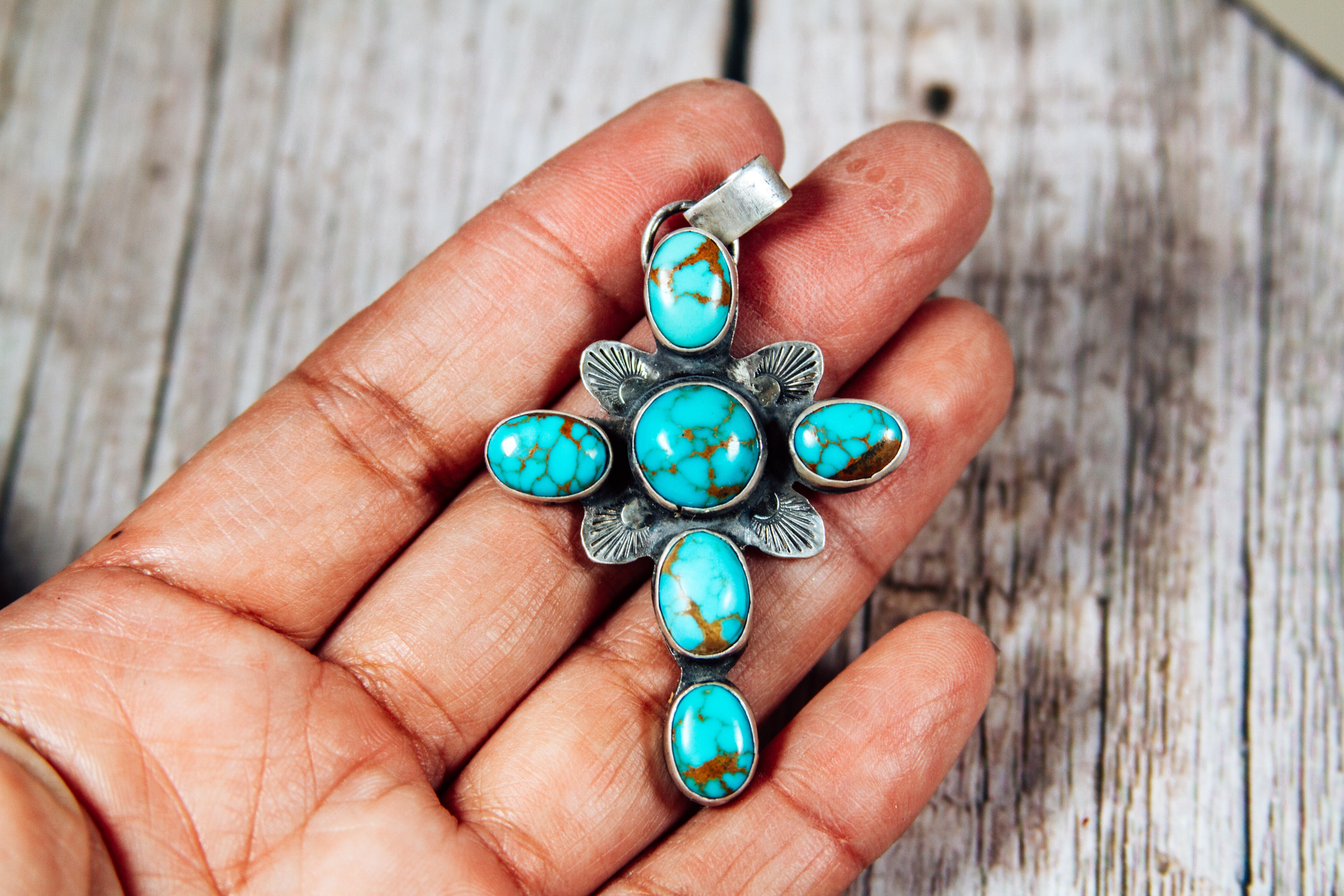 Handmade Sterling Silver Cross Pendant | Pilot Mountain Turquoise | LW Maker’s Mark