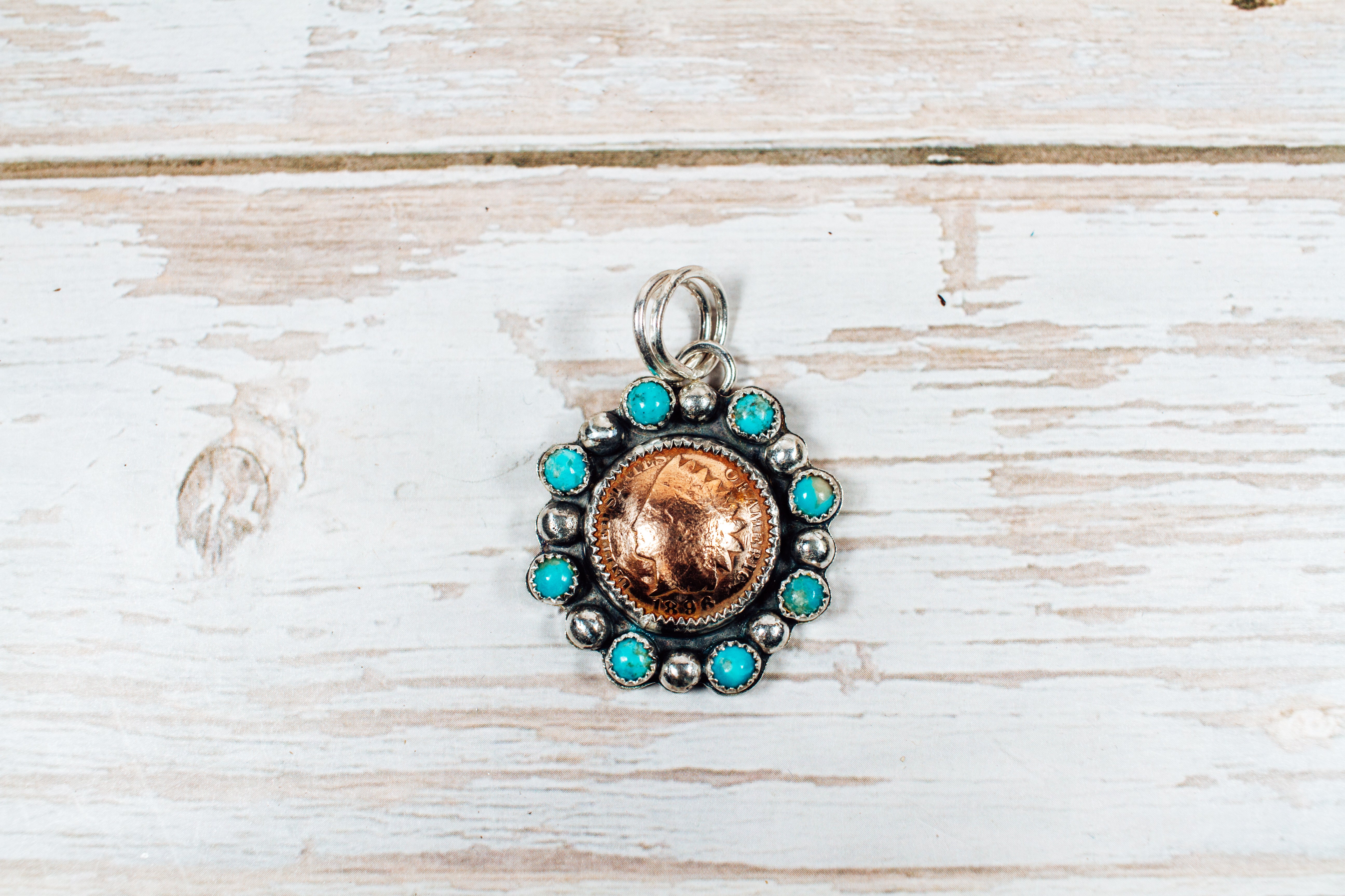 Handmade Sterling Silver Kingman Turquoise and 1896 Indian Head Penny Pendant