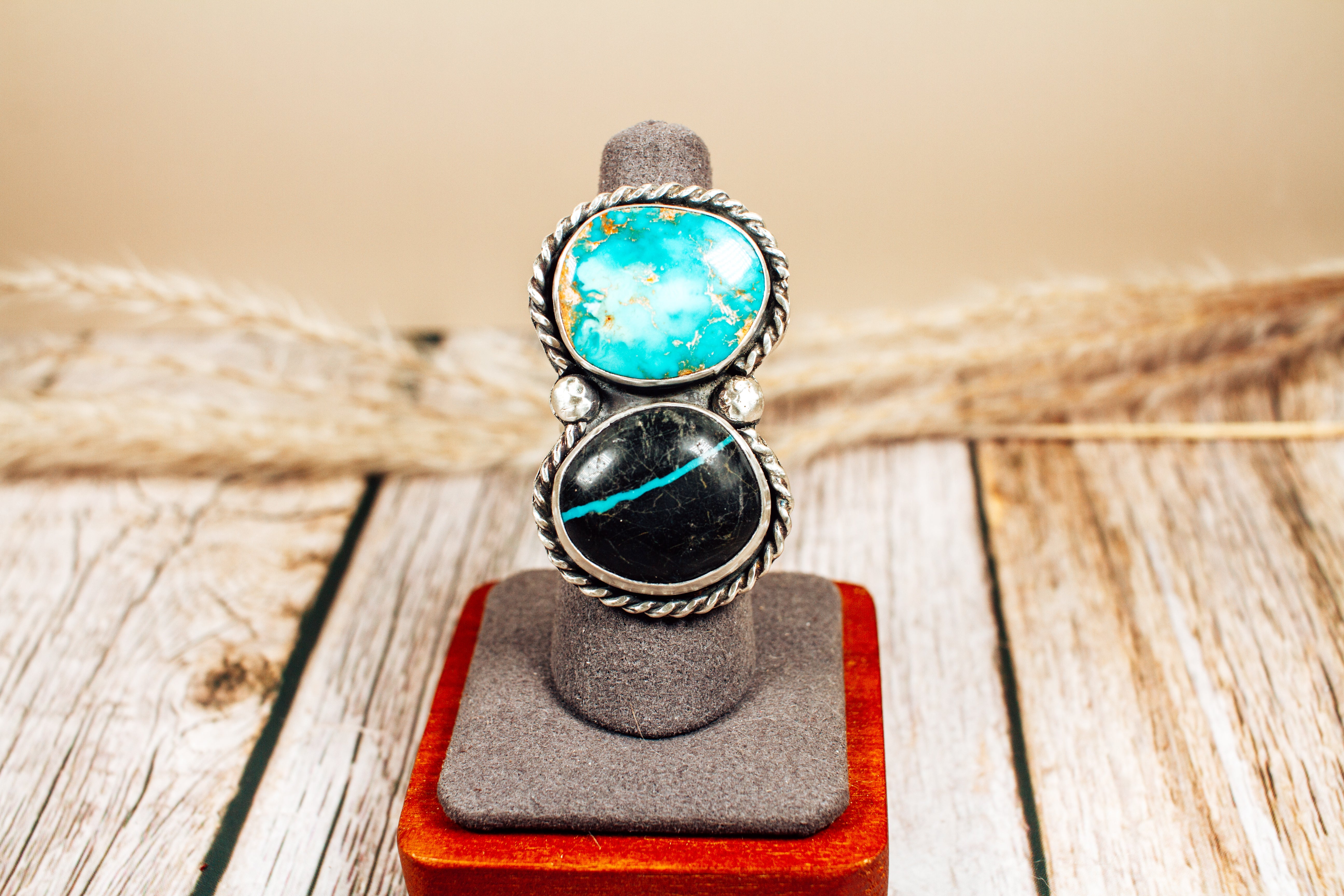 Handmade Nevada Boulder Turquoise & Royston Turquoise Sterling Silver Ring Size 7.5