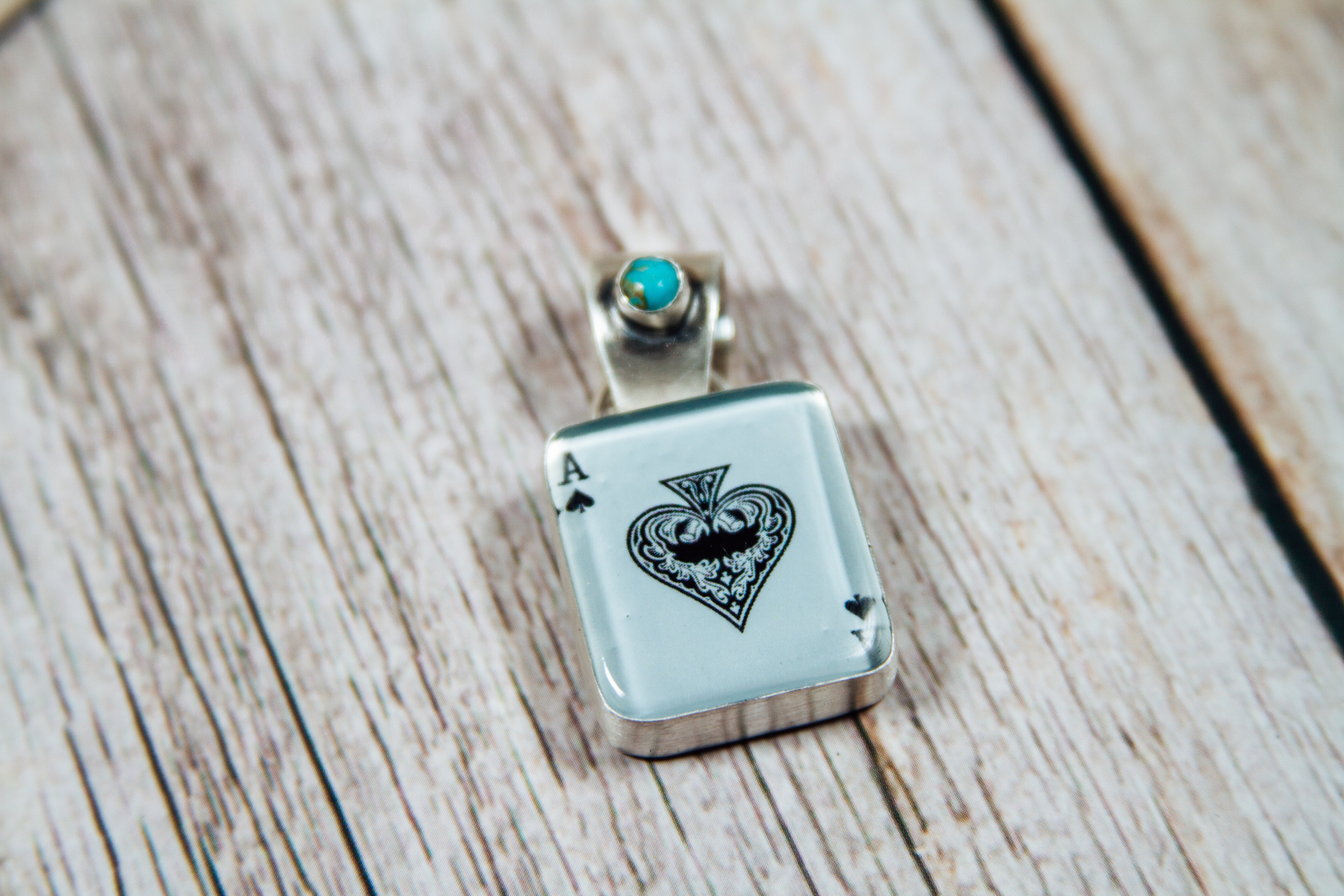 Handmade Sterling Silver Glass Ace of Spades & Kingman Turquoise Pendant