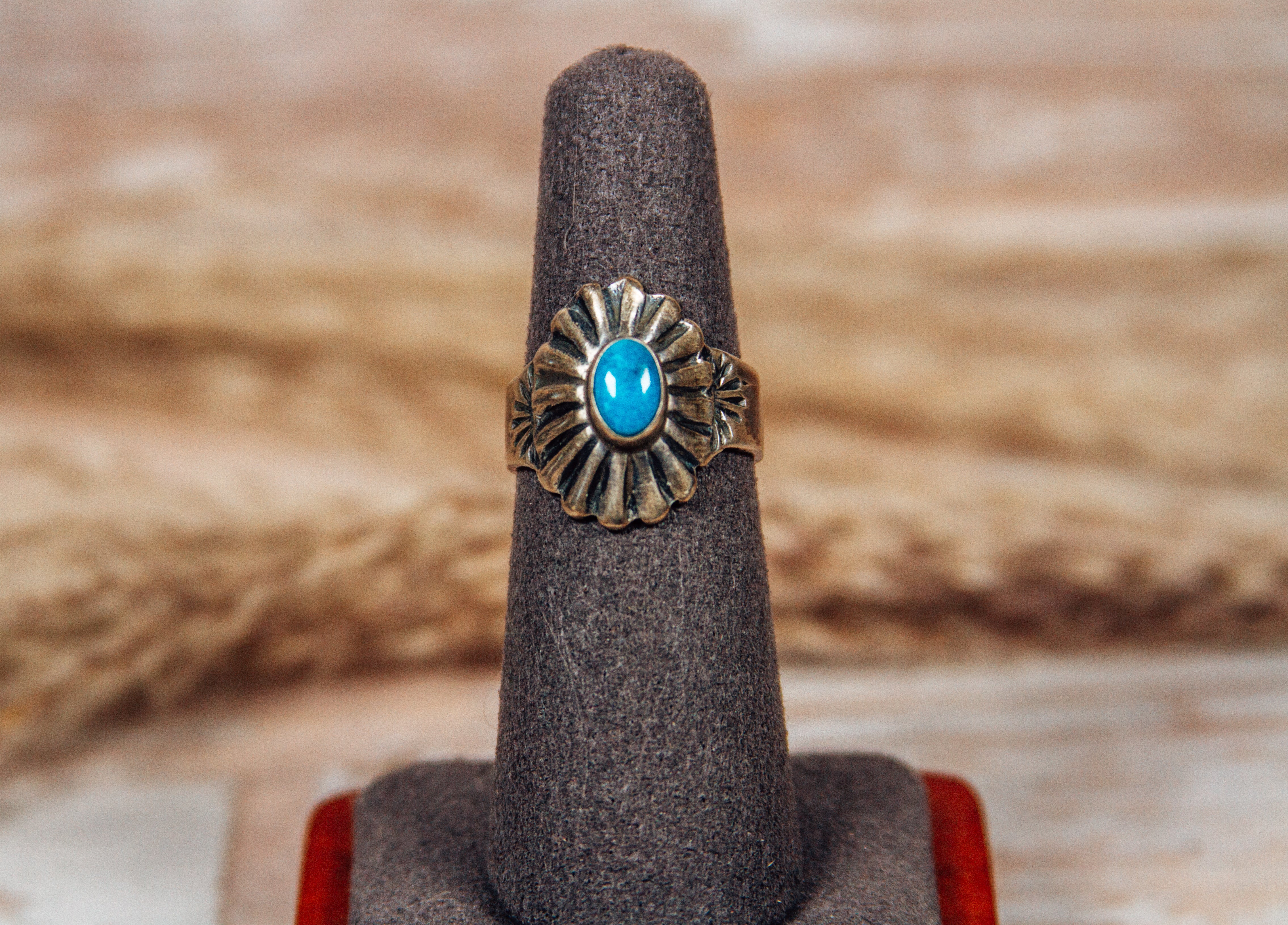 Navajo Brushed Sterling Silver and Turquoise Ring Size 6 1/4 by J Mariano