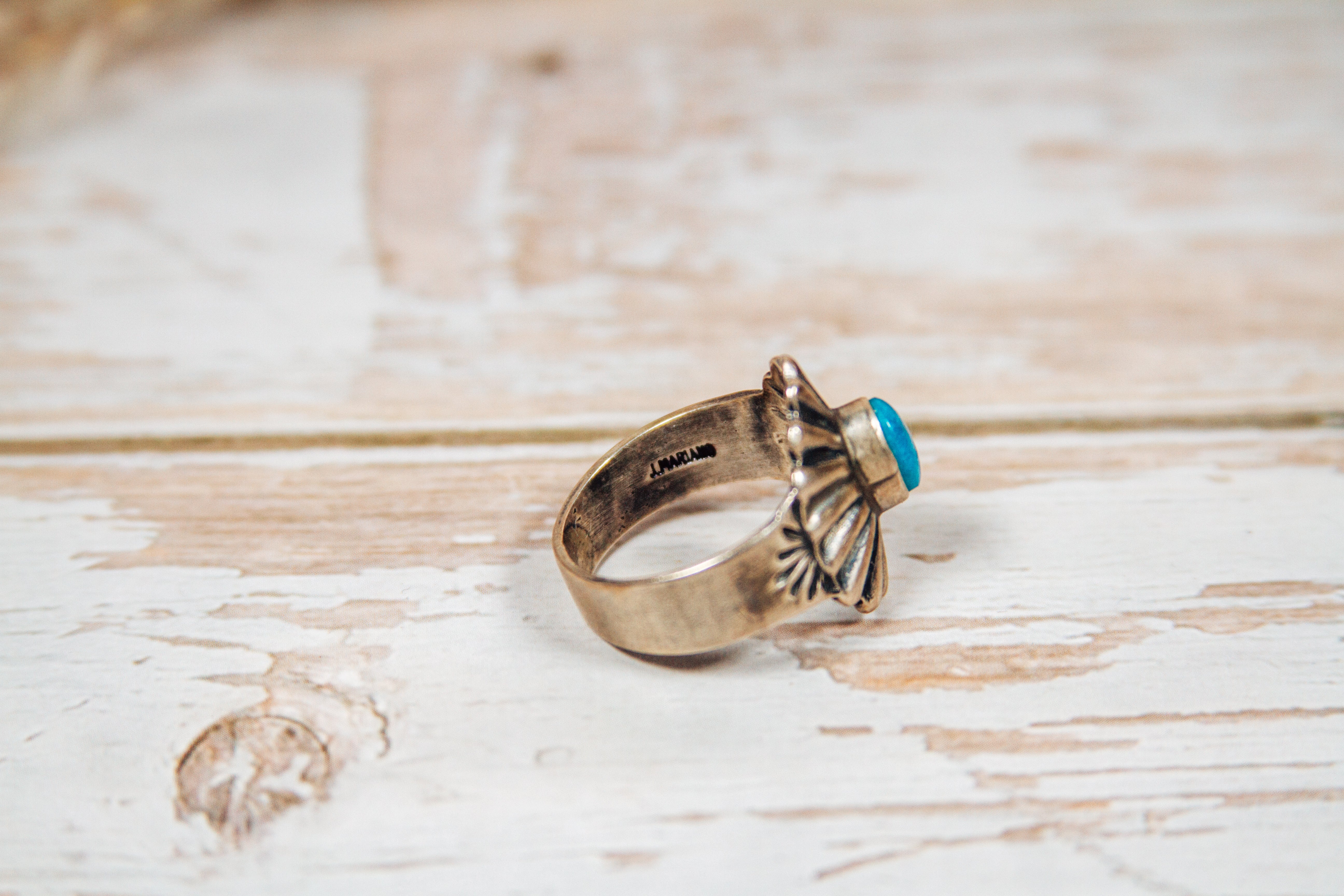 Navajo Brushed Sterling Silver and Turquoise Ring Size 6 1/4 by J Mariano