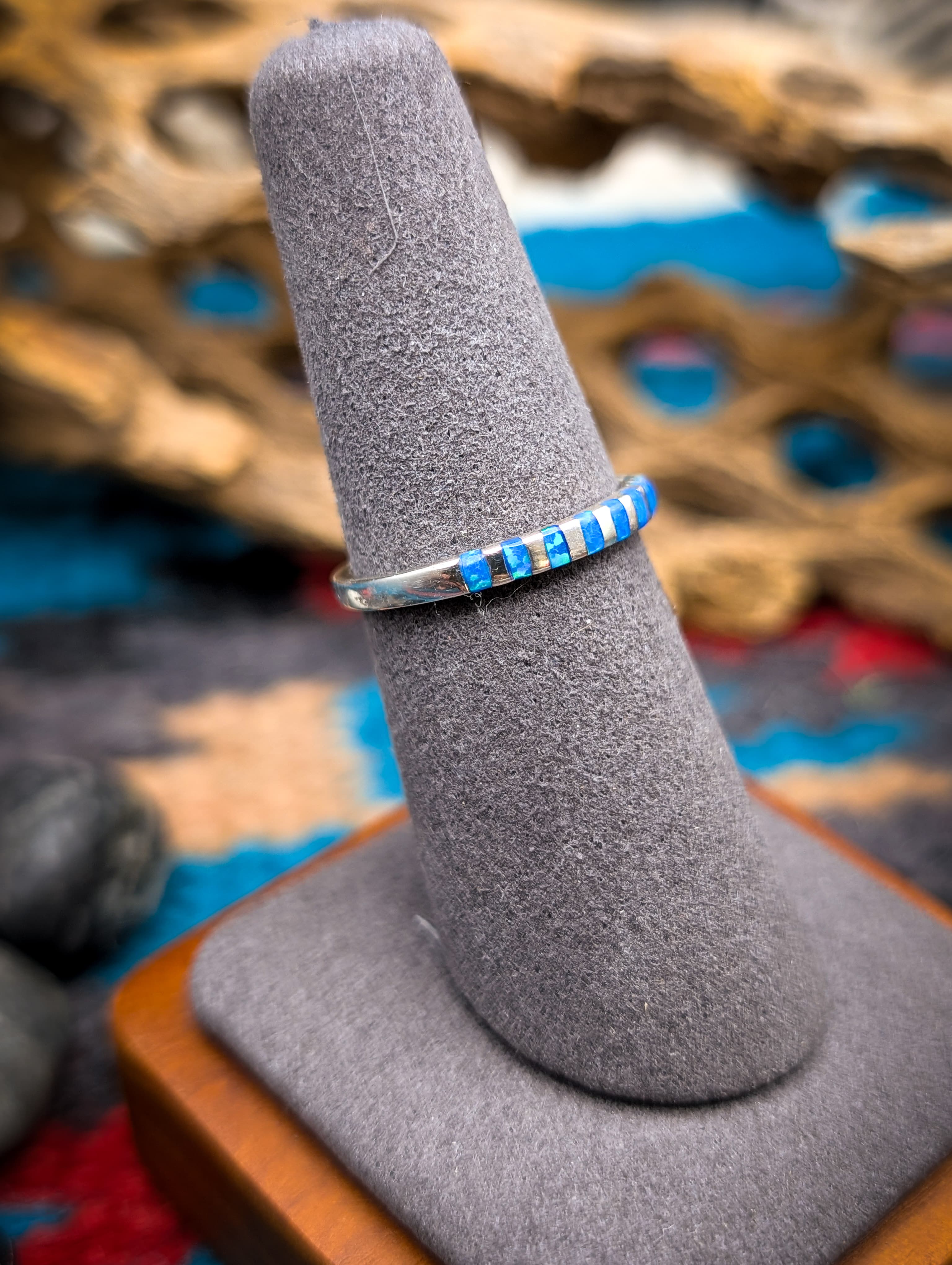 Zuni Lab Opal Inlay Sterling Silver Band Size 7